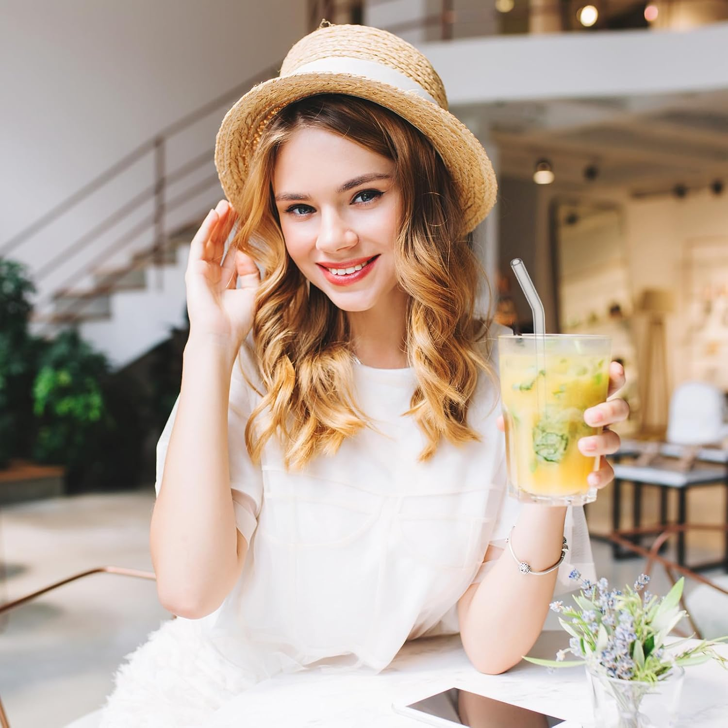 12-Pack Glass Straws Reusable Drinking Straw, Including 4 Straight and 4 Bent Straws & 2 Extra Wide Straw with 2 Cleaning Brushes, Dishwasher Safe for Smoothies, Milkshakes, Juices image number 2