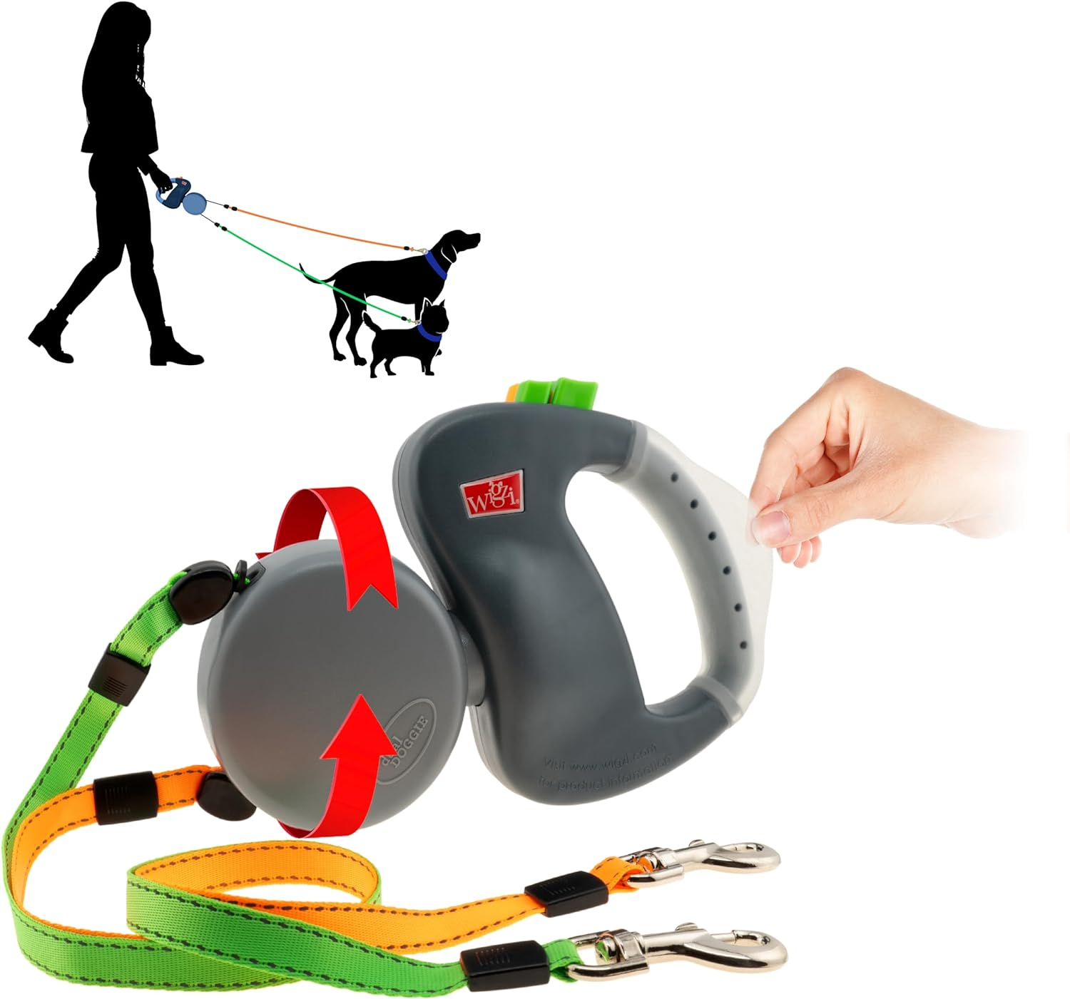 WIGZI 2 Two Dog Reflective Retractable Pet Leash &ndash; 360 Degree Zero Tangle Patent - Two Dogs Each up to 50 Lbs and 10Ft. Reflective Orange and Green Leads. Dual Locking, Small, Gray image number 4