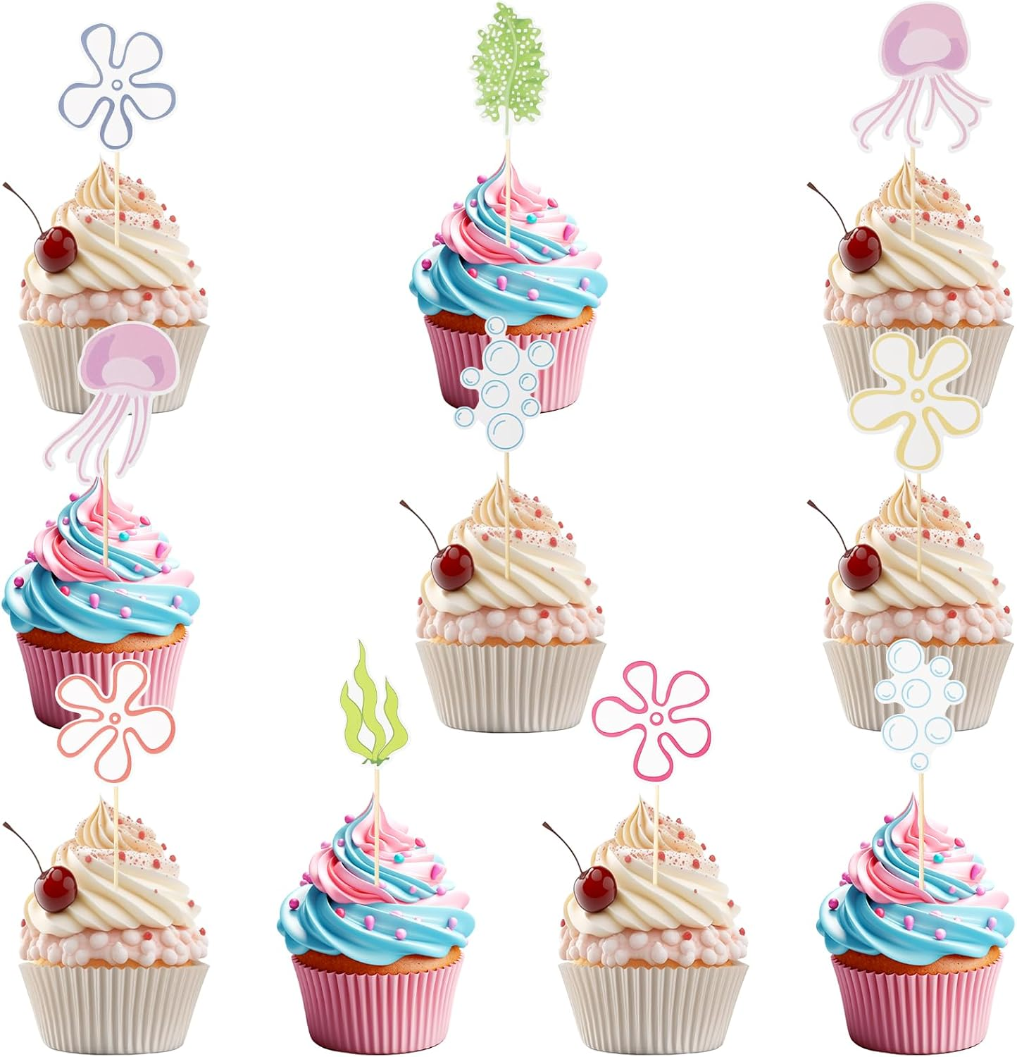 24Pcs Jellyfish Bubbles Flowers Cupcake Toppers, under the Sea Theme Cake Decorations Starfish Bubble Jellyfish Seaweed Perfect Cupcake Toppers for Birthday Party Wedding image number 6
