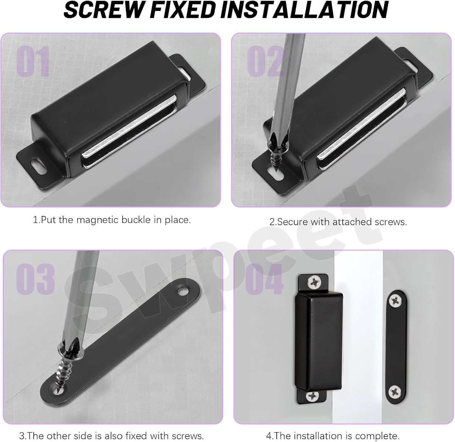 Swpeet 8 Pack 2.16" X 0.8" Black Medium Stainless Steel Cabinet Magnetic Catch with Screws Assortment Kit, Strong Door Magnetic Catches for Door Kitchen Cupboard Closure Closet Door Closer image number 3