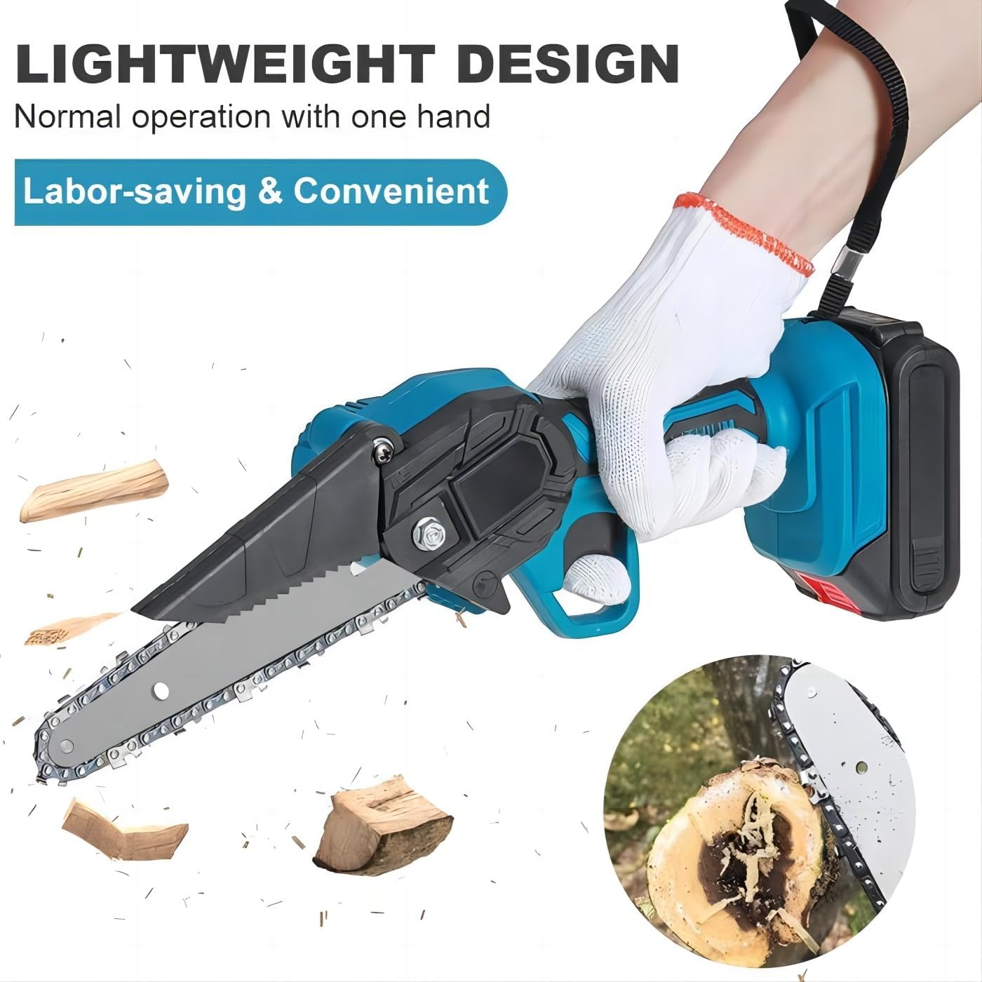 Mini Chainsaw Cordless, 6 Inch Handheld Electric Power Chainsaw with 2Pcs Batteries, One-Hand Operated Portable Chain Saw for Tree Branches Trimming (High -Power) image number 2