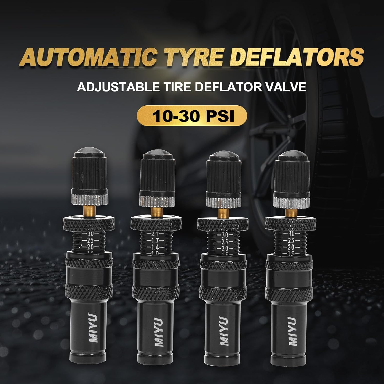 4 Pcs Automatic Tire Deflators Kit, Adjustable Tire Deflator Valve 10-30 Psi,Tyre Air down Tool for Vehicles, Motorcycle, Car, Truck,Jeep Etc