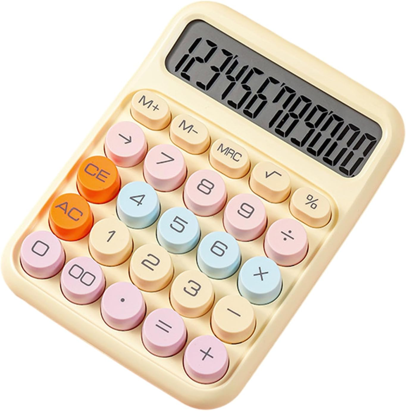 Mechanical Calculator 12 Digit Large LCD Display Big round Button Cute Candy Colored Calculator Suitable for Office School Home for Students Accountant-Yellow - Purple image number 3