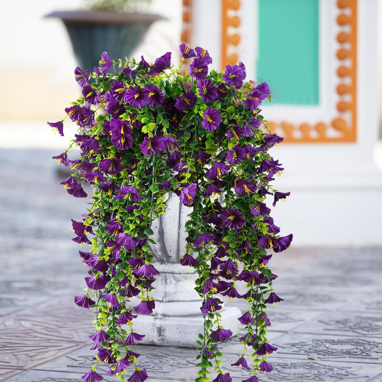 Artificial Hanging Flowers for Outdoors, 5Pcs UV Resistant Faux Petunias, Realistic Fake Silk Long Vines Morning Glory Eucalyptus for outside Indoor Planter Porch Patio Home Decor (Purple)