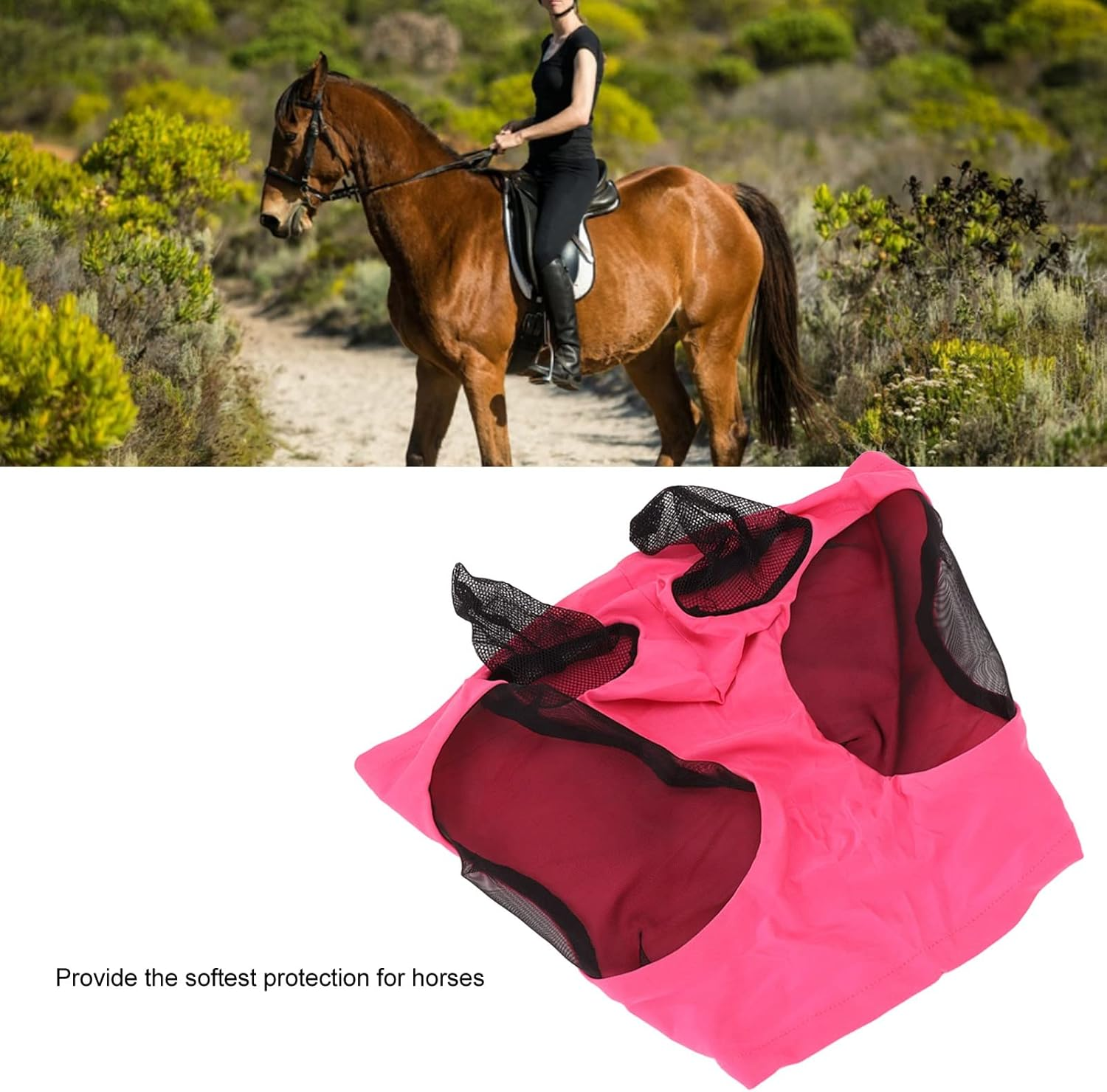Breathable Horse Mesh Fly Mask with Ears, Elastic Equestrian Face Mask for Horses, Sunlight Protection & Fly Protector (Rose) image number 4