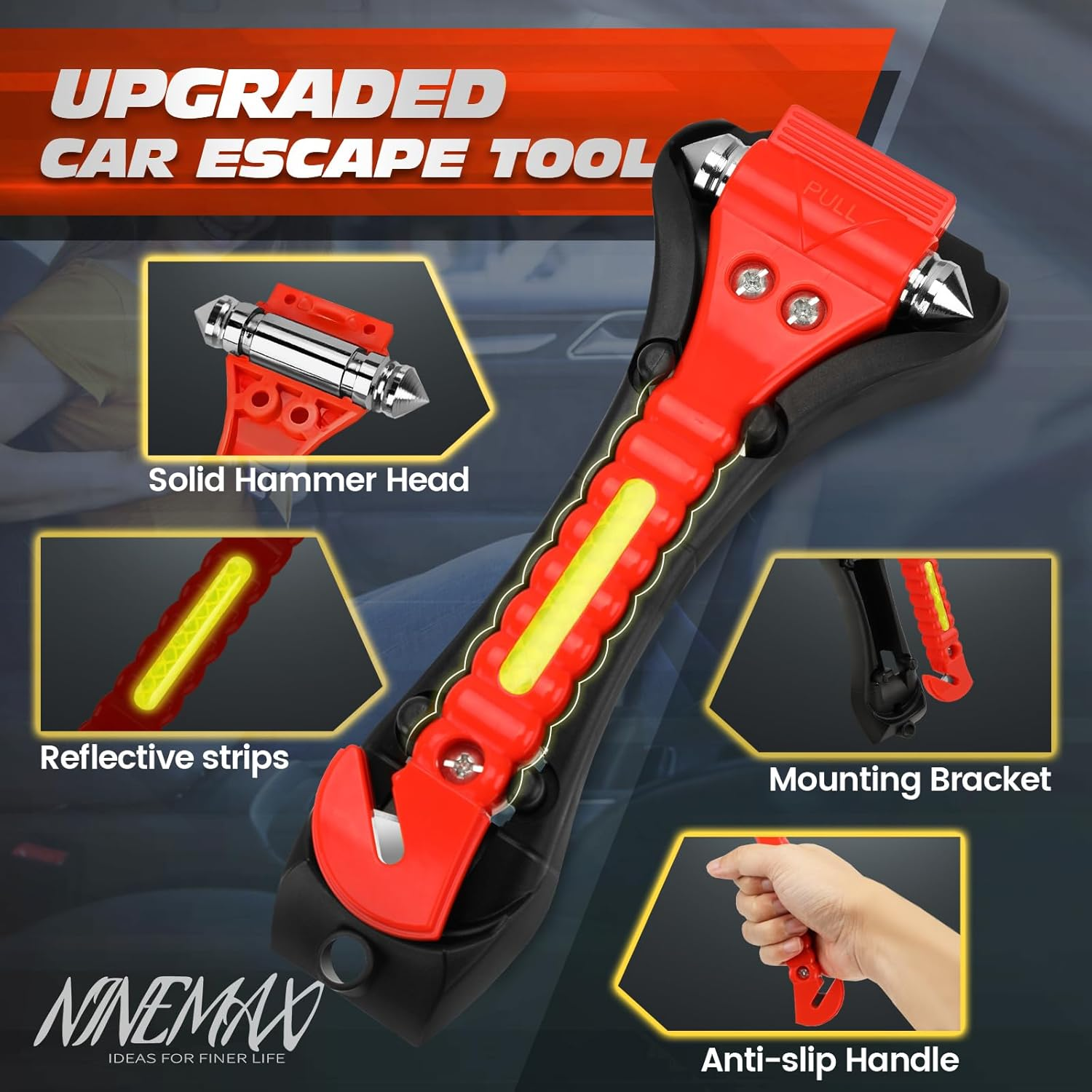 NINEMAX Car Window Breaker Seatbelt Cutter, Pack of 2 Car Safety Hammer Glass Breaker 2 in 1, Vehicle Escape Emergency Rescue Tool Window Punch Tool with Mount image number 3