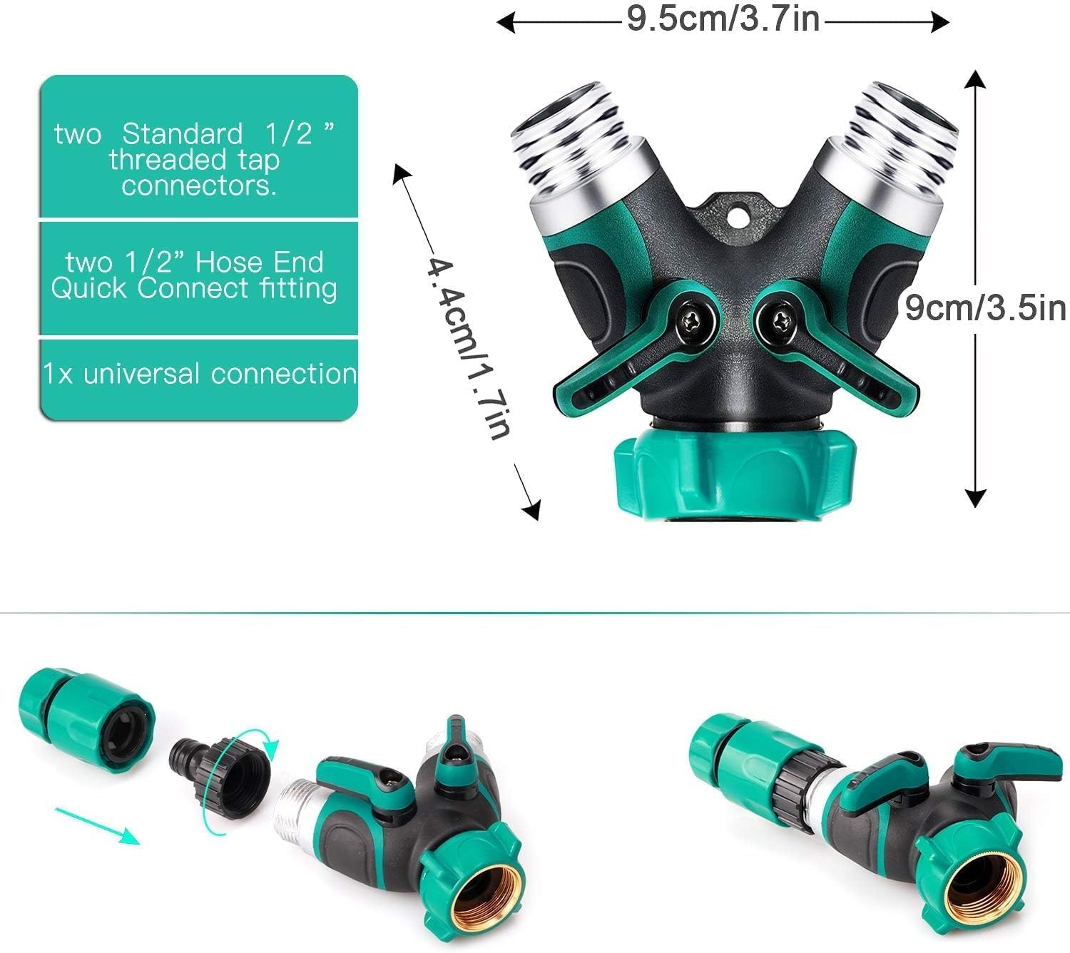 Garden Hose Splitter, 2 Way Hose Tap Connector, Hose Pipe Connector, Garden Water Pipe Connectors, Garden Hose Y-Splitter Connection with Individual On/Off Valves for Water Pipe