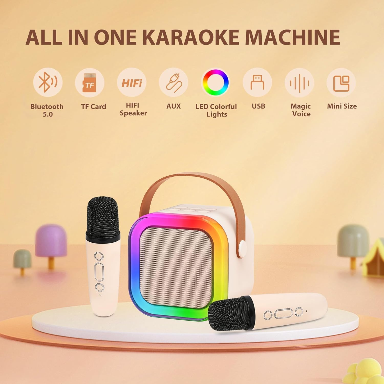 Karaoke Machine,Portable Karaoke Machine with 2 Wireless Microphone, Mini Bluetooth Speaker for Adullts and Kids, Best Gifts Toys for Kids Gifts -White image number 3