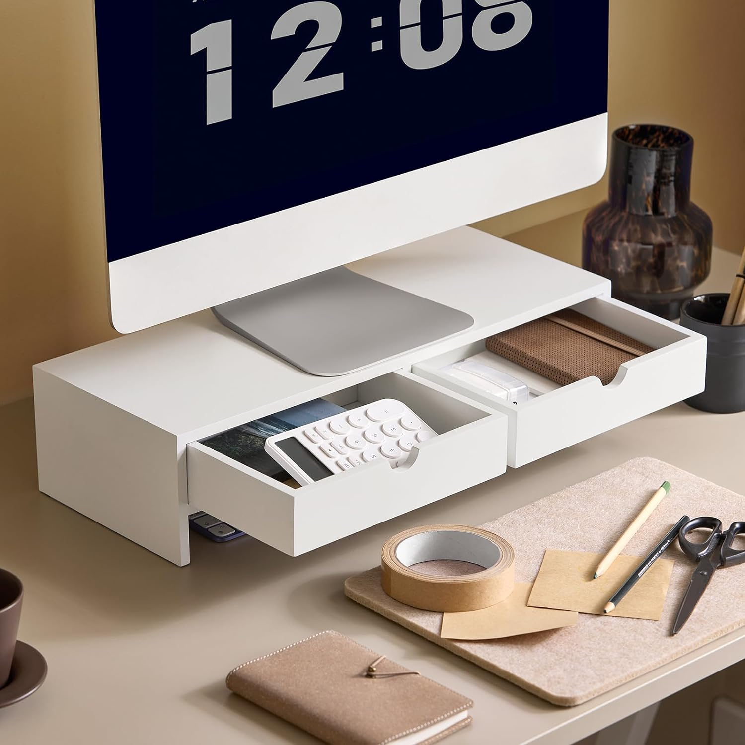 Sobuy Monitor Riser Stand, Desk Organiser with 2 Drawers, Desk Riser Shelf, Computer Accessories,Desk Monitor Stand,Desk Storage,Pc Stand,Office Storage,Bbf02-W - Bbf02-Sch image number 5