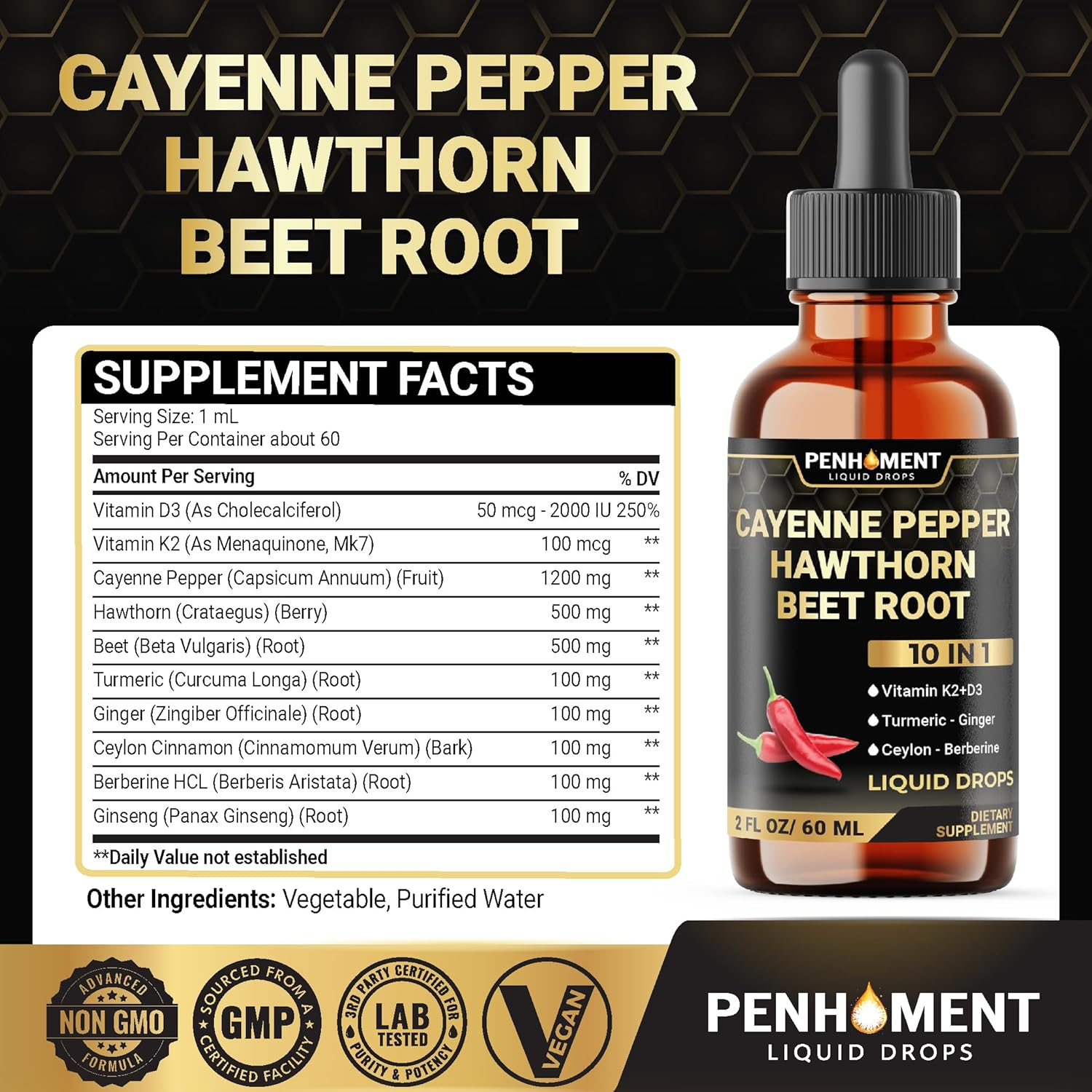 PENHOMENT 10In1 Cayenne Pepper Liquid Drops + Hawthorn Berry, Vitamin D3, Vitamin K2, Beet Root, Turmeric, Ginger and More - Digestion Support - 2 Fl Oz - 2 Months Supply image number 6