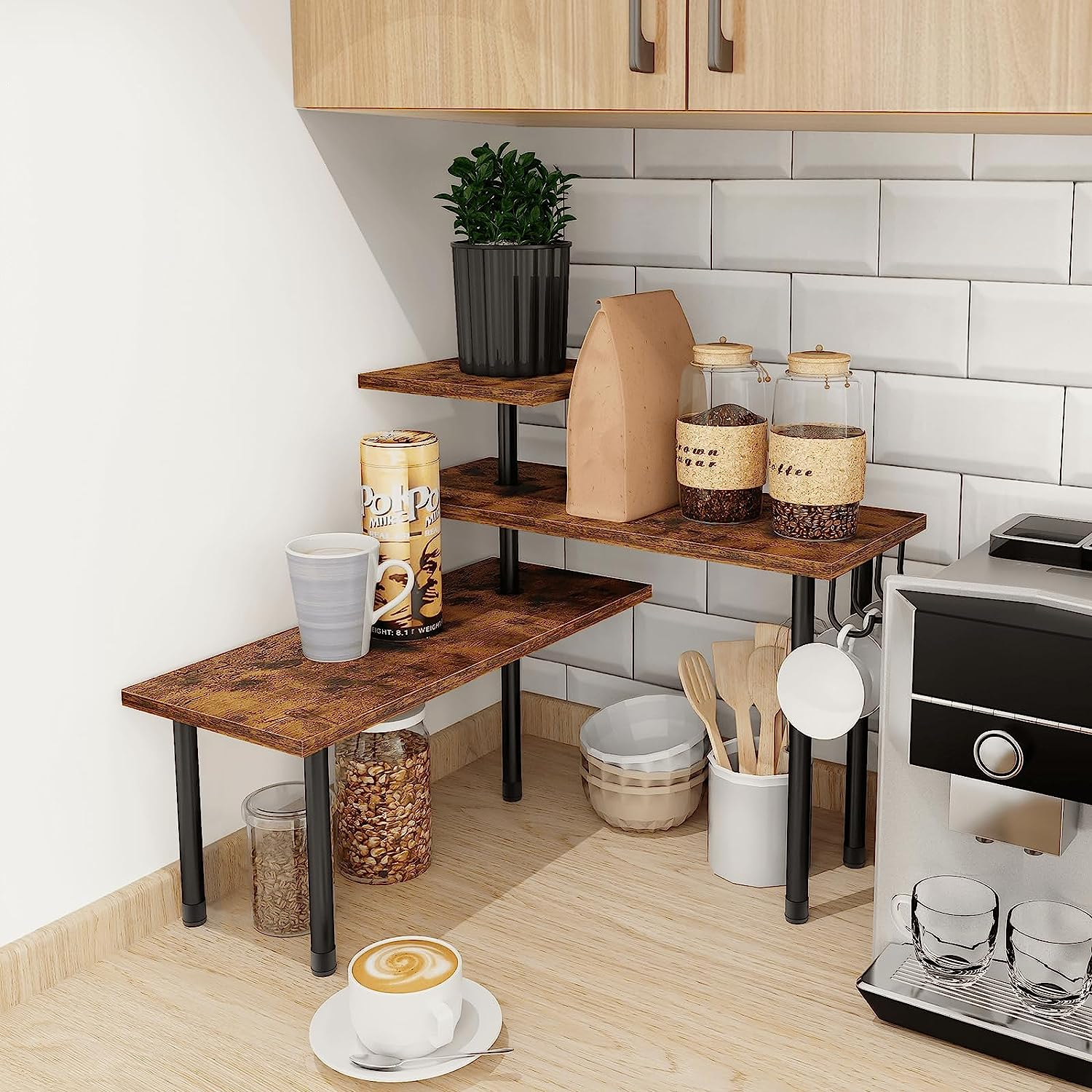 Homode Kitchen Countertop Organizer Corner Shelf, Bathroom Counter Organizer, 3 Tier Counter Shelf Space Saving Organization for Kitchen Counter, Spice Rack, Coffee Bar, over Sink, Rustic Brown - Rustic Grey, With Hooks image number 6