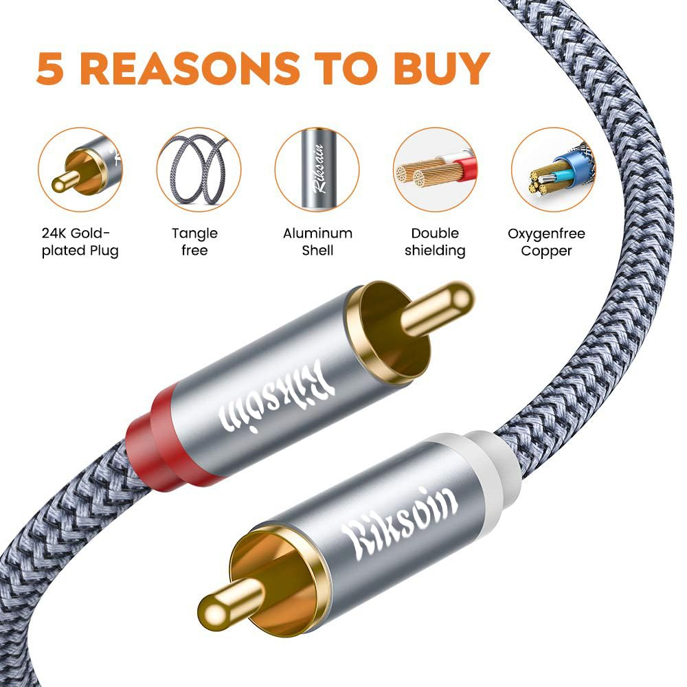 RIKSION RCA Cable,1.8M/6Ft 2RCA Male to 2RCA Male Stereo Audio Cables Shielded Braided RCA Stereo Cable for Home Theater, HDTV, Amplifiers, Hi-Fi Systems, Car Audio, Speakers-2Pack