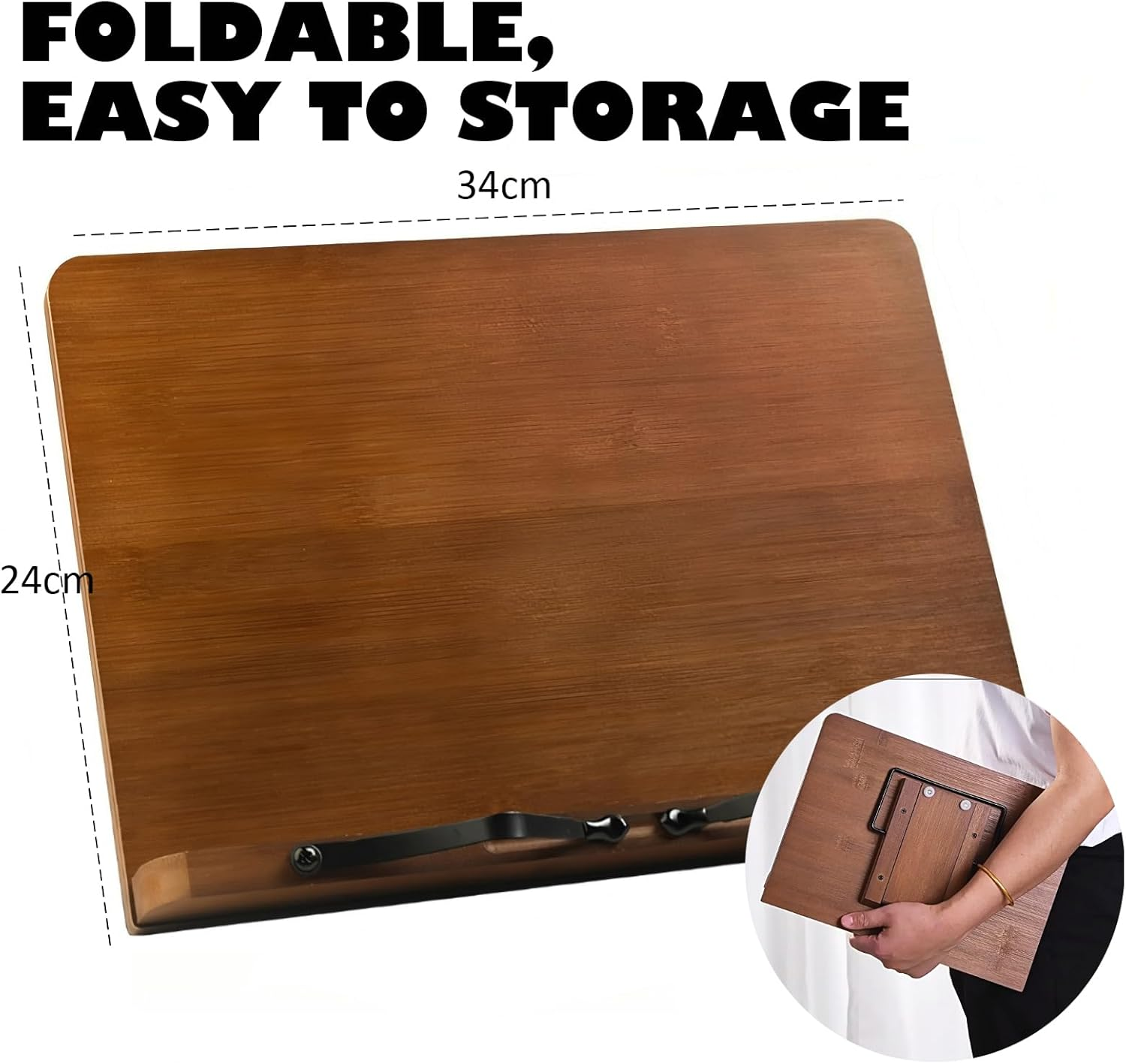 Book Stand for Reading Bamboo Cookbook Stand for Kitchen Adjustable Foldable Book Holder with Page Holder Clips Height Adjustable for Tablet Textbook Laptops Music Books Documents (Medium Brown) image number 6