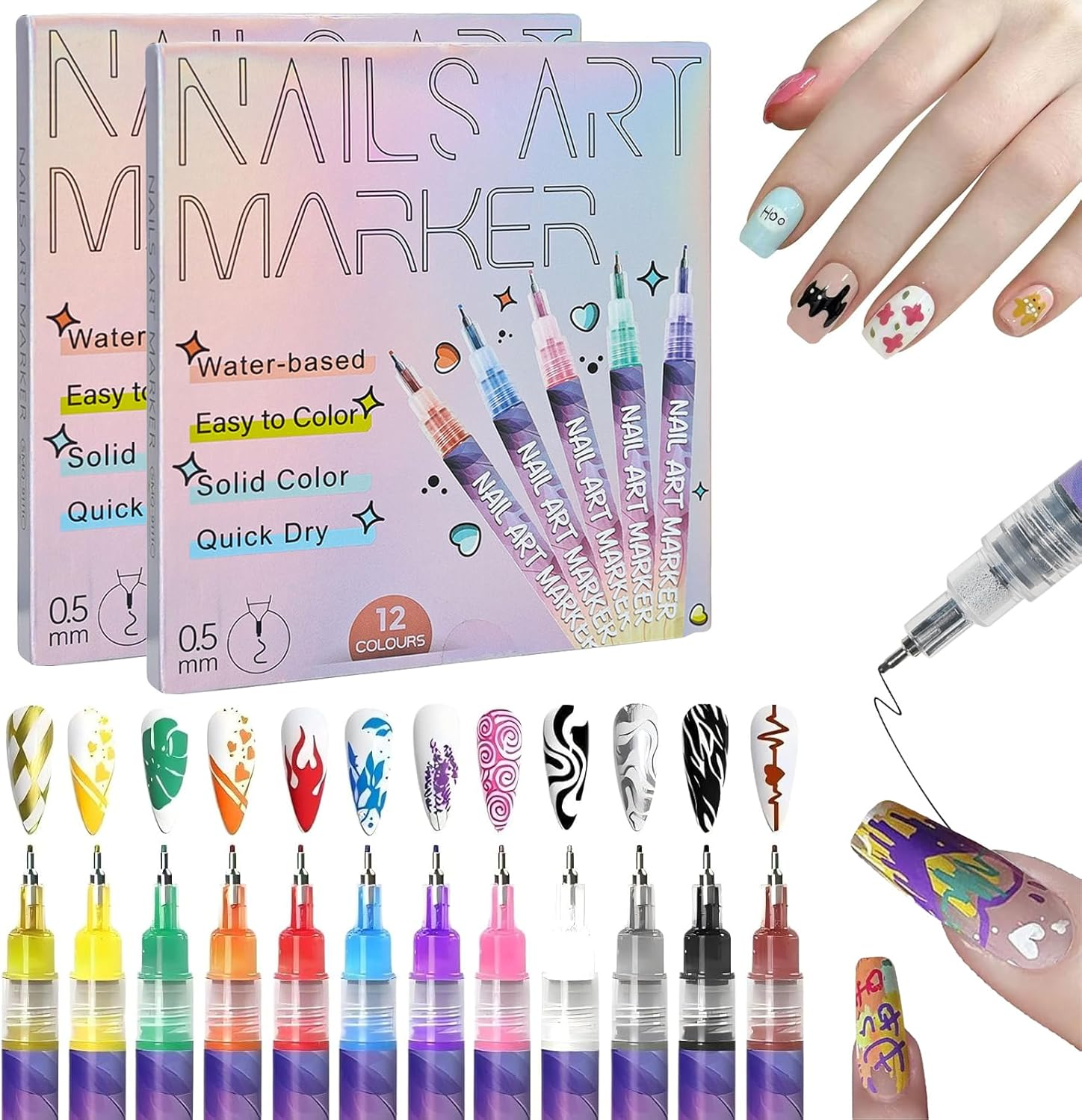Nail Art Pens - Nail Art Markers for Gel Nails, 12 Colors Nailart Pens Set, Nailmarkers for Artdesign DIY, Waterproof and Quick (2Sets)
