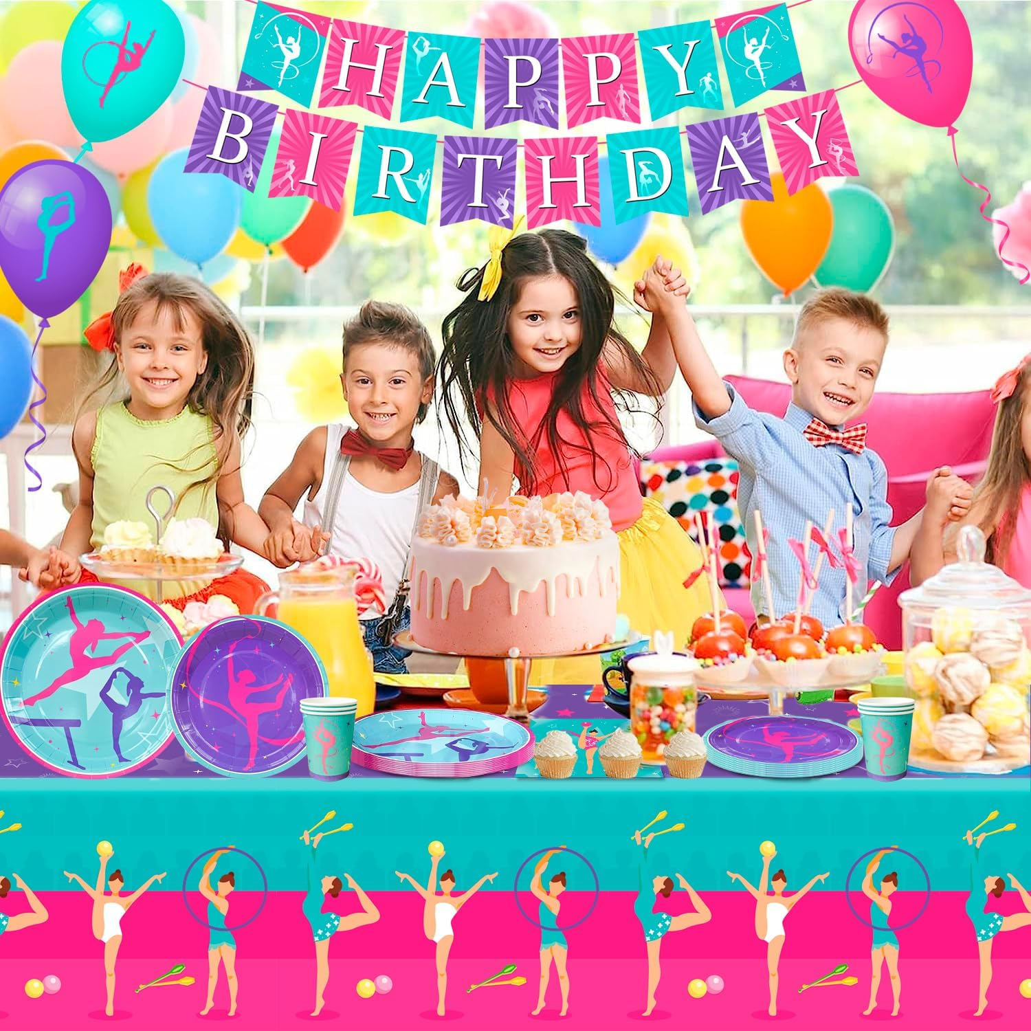 Gymnastics Birthday Party Supplies, Gymnastics Party Decorations Tableware Kit Gymnastics Plates and Napkins Cups Tablecloth Balloons Banner Etc Gymnastics Decorations for Birthday Party, 16 Guests image number 4