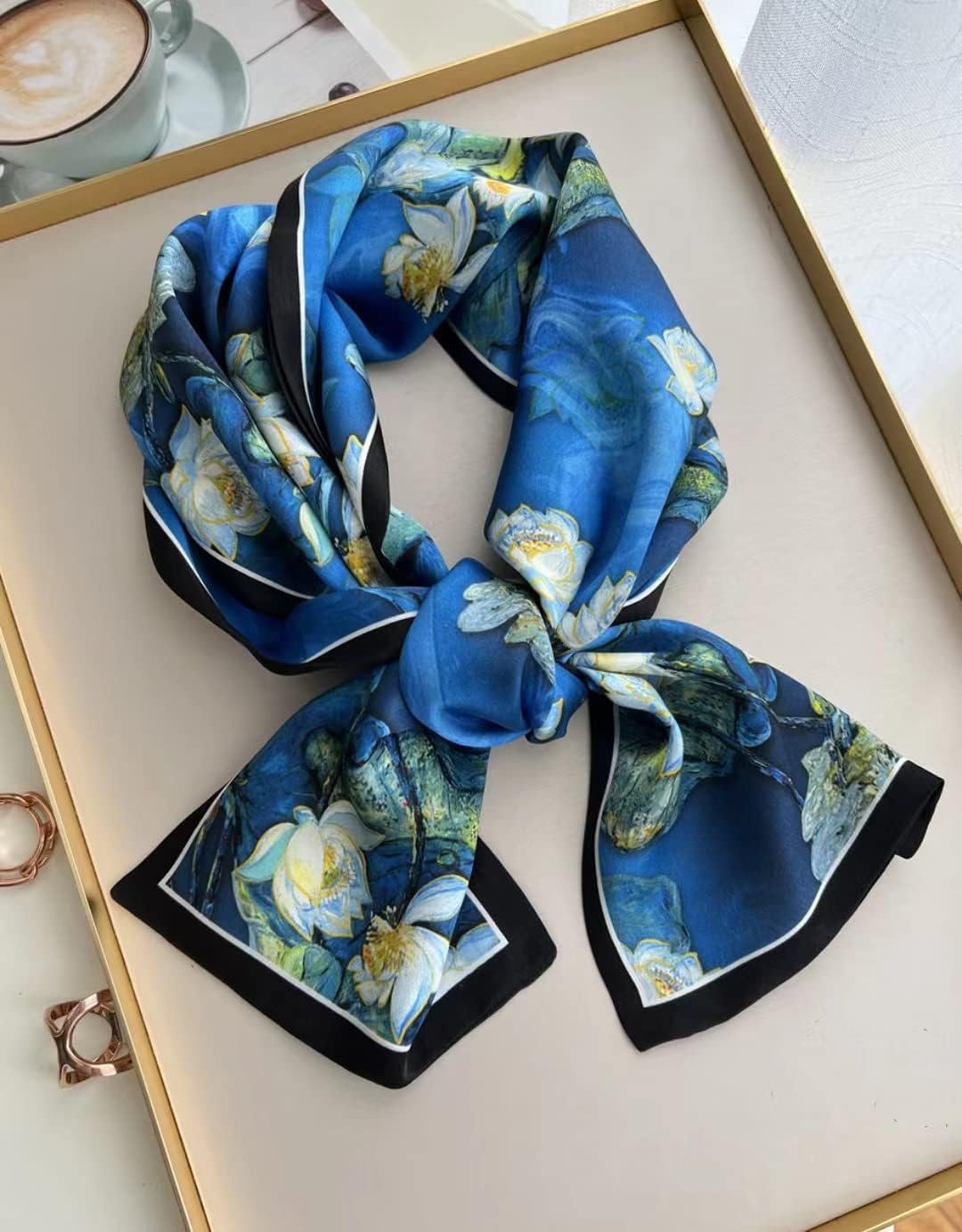ANDANTINO 100% Silk Scarf for Women 59&rdquo;*6.3&rdquo; Long Shawls for Headscarf and Neck- Oblong Hair Wraps with Gift Packed - Bluewhite Lilies image number 7