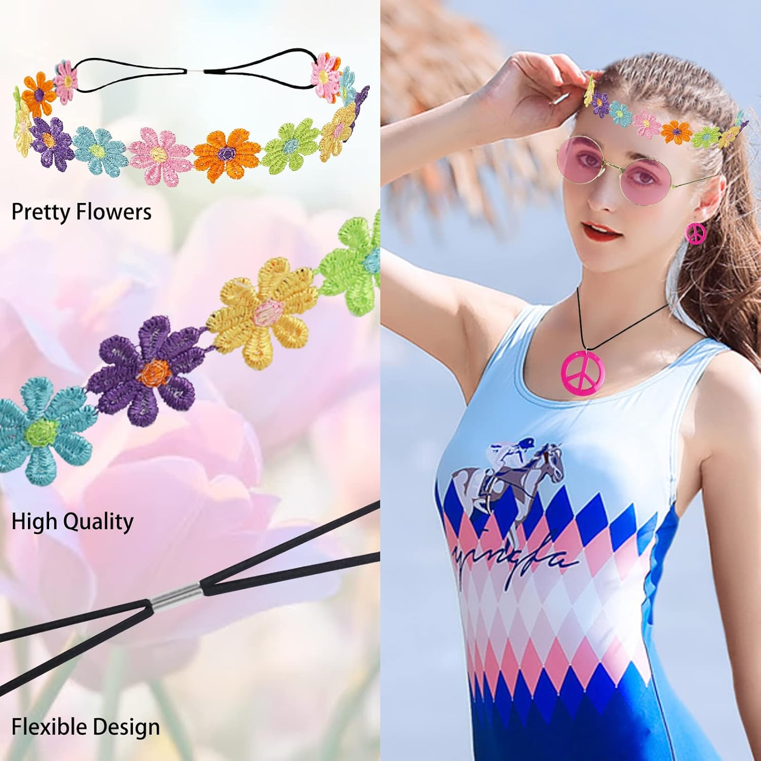 Hippie Costume Set Include Peace Sign Necklace Earrings, Flower Crown Headband and Colored Sunglasses 60S 70S Women Dressing image number 4