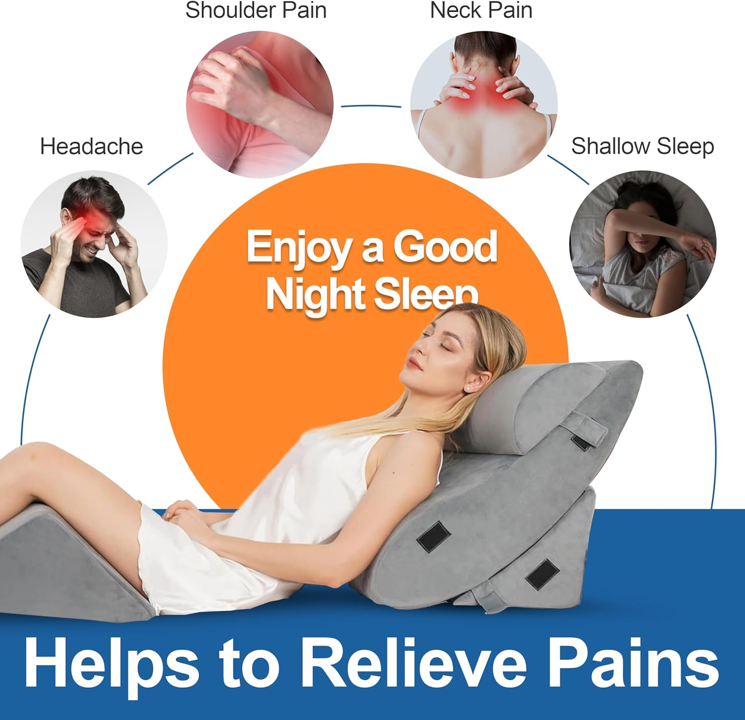 4 Pcs Orthopedic Bed Wedge Pillow for Sleeping - Memory Foam Pillows for Back, Neck & Leg Support, Ideal for Pain Relief & Snooring - Wedge Pillow Set with Machine Washable Cover image number 3