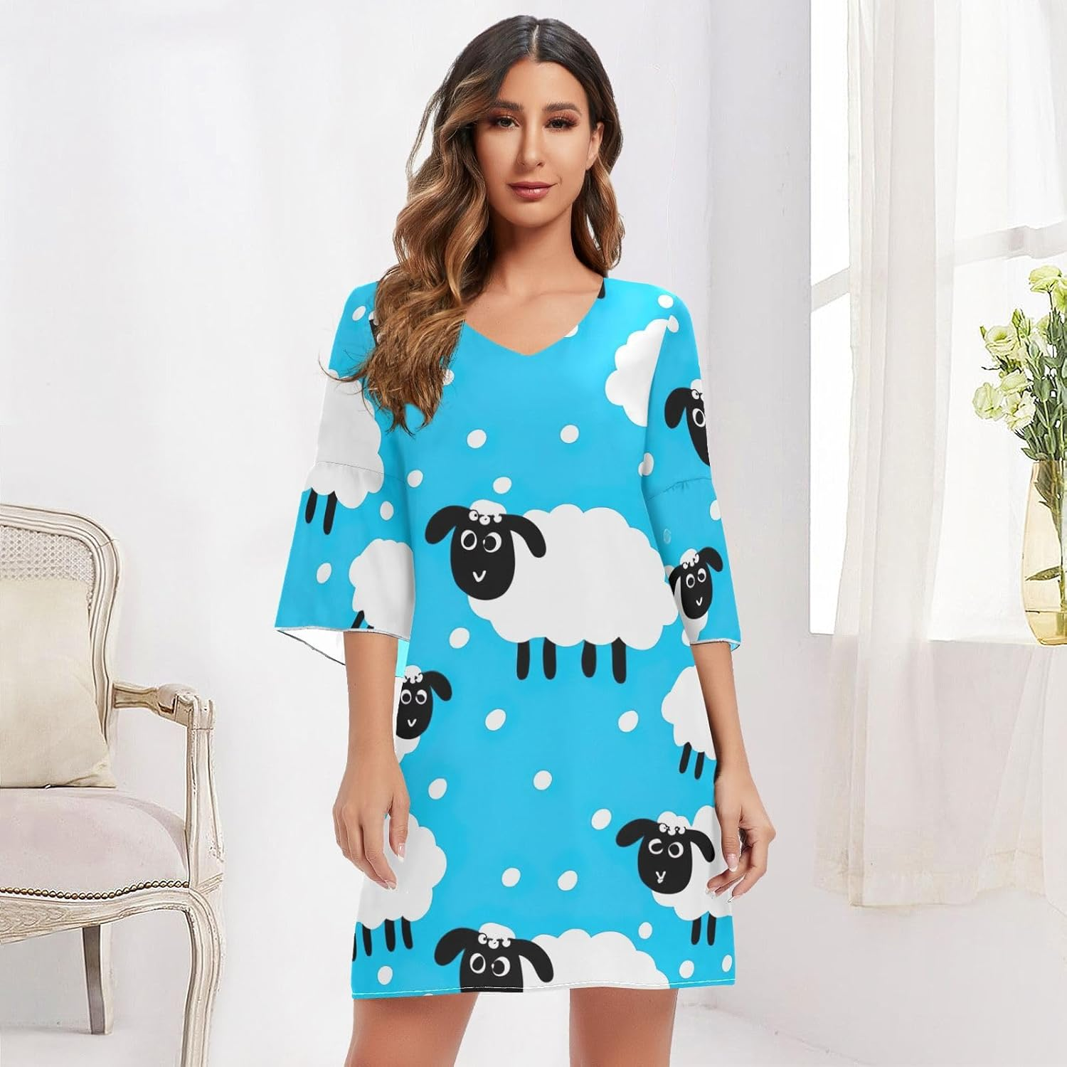 Cute White Sheep Blue Casual Chiffon Dress Printed Line Maternity Dress S-XXL image number 4