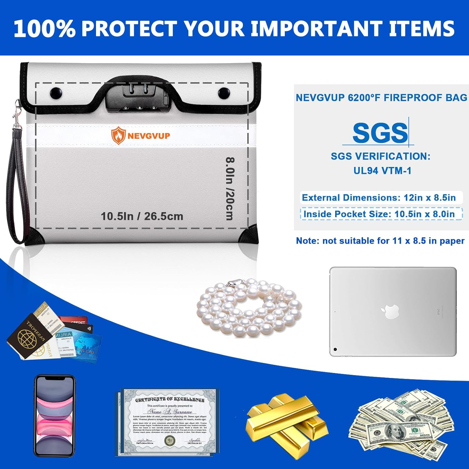 Upgraded 6200&deg;F Fireproof Money Bag with Lock, Fireproof Bag W. Zipper/Reflective Strip, 9 Layers of Heat Insulated Material, Water Resistant Fire Proof Money Bag for Cash, Fire Bag for A5 Documents image number 7