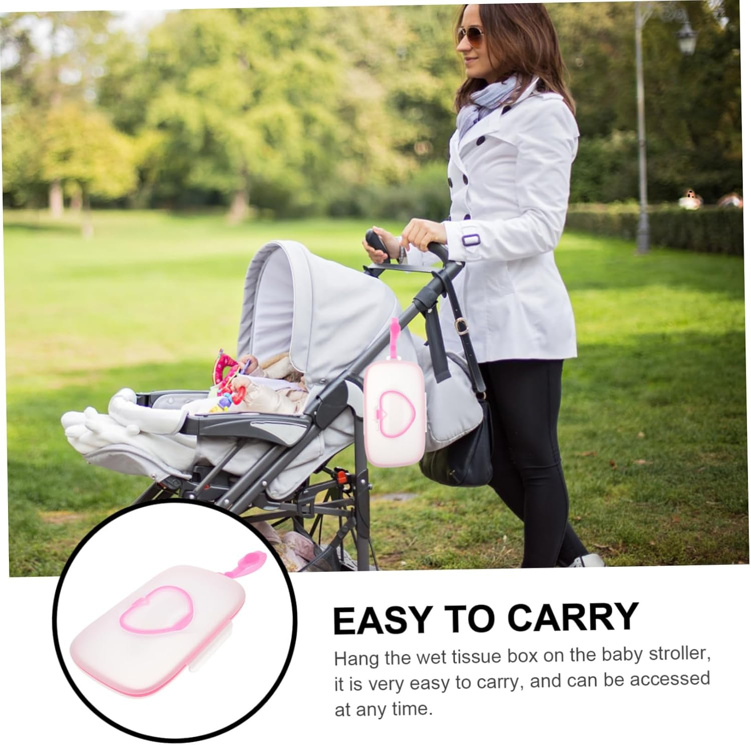 Portable Baby Wet Tissue Box Hanging Case Lid, White and Pink Wet Wipes Holder for Outdoor Travel, Infant Hand and Mouth Wipes Storage image number 5