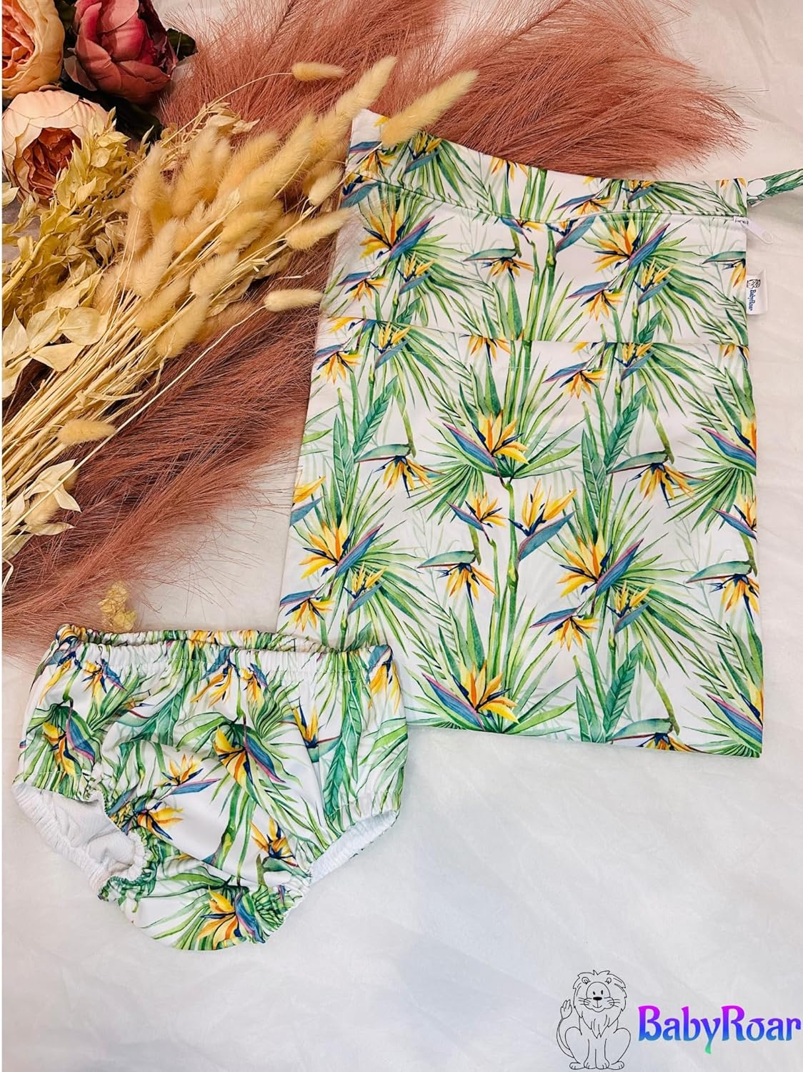 Babyroar Reusable Swim Nappy &ndash; Pull-Up Nappy/Diaper + BONUS Wet & Dry Bag with Double Zipper &ndash; (Dual Pockets Keep Wet & Dry Items Separate) &ndash; Leak-Proof, Eco-Friendly. Perfect for Water Fun! (Birds of Paradise Bloom, XL); Child, Toddler and Baby