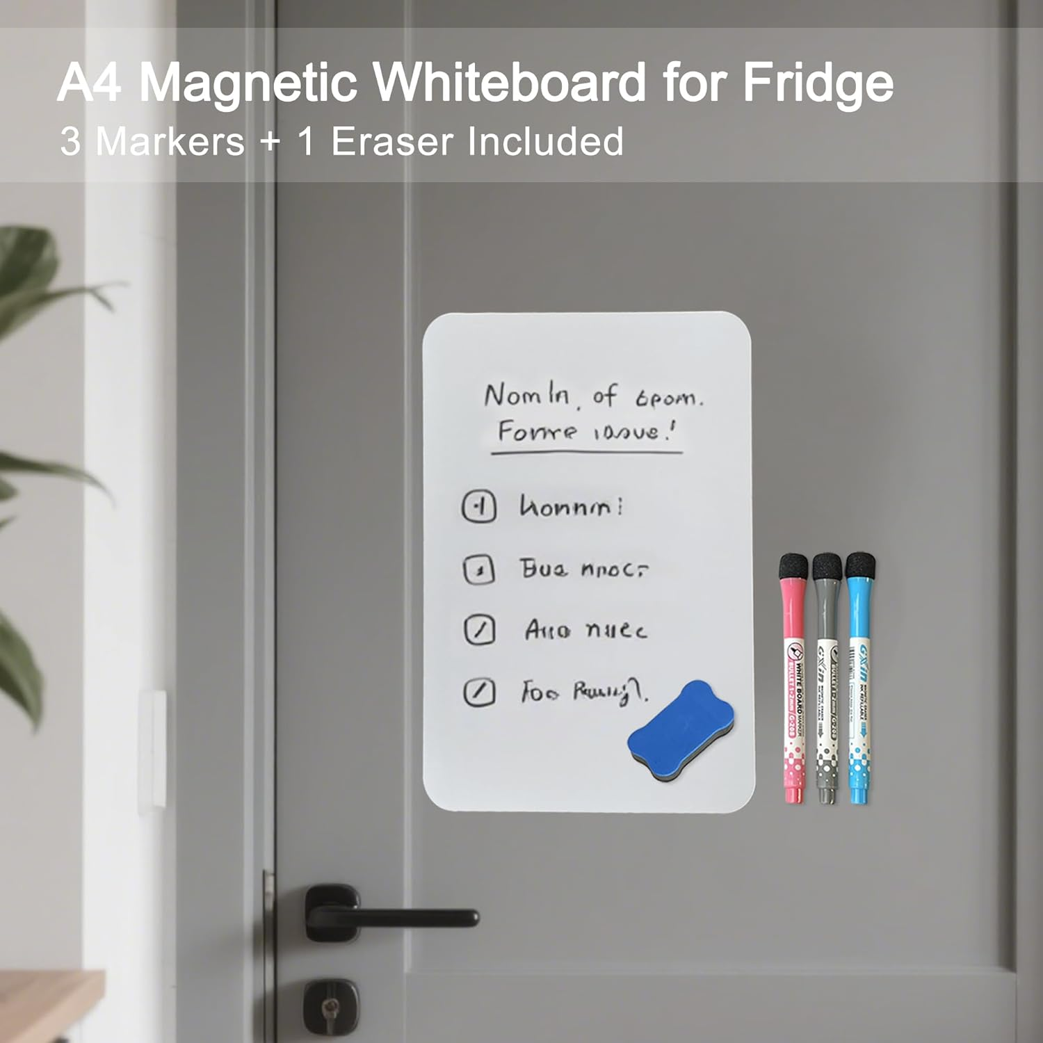 A4 Magnetic Whiteboard for Fridge &ndash; Dry Erase Board Sheet with 3 Markers & 1 Eraser | Strong Magnet, Easy Clean, Reusable Planner for Kitchen, Office, School