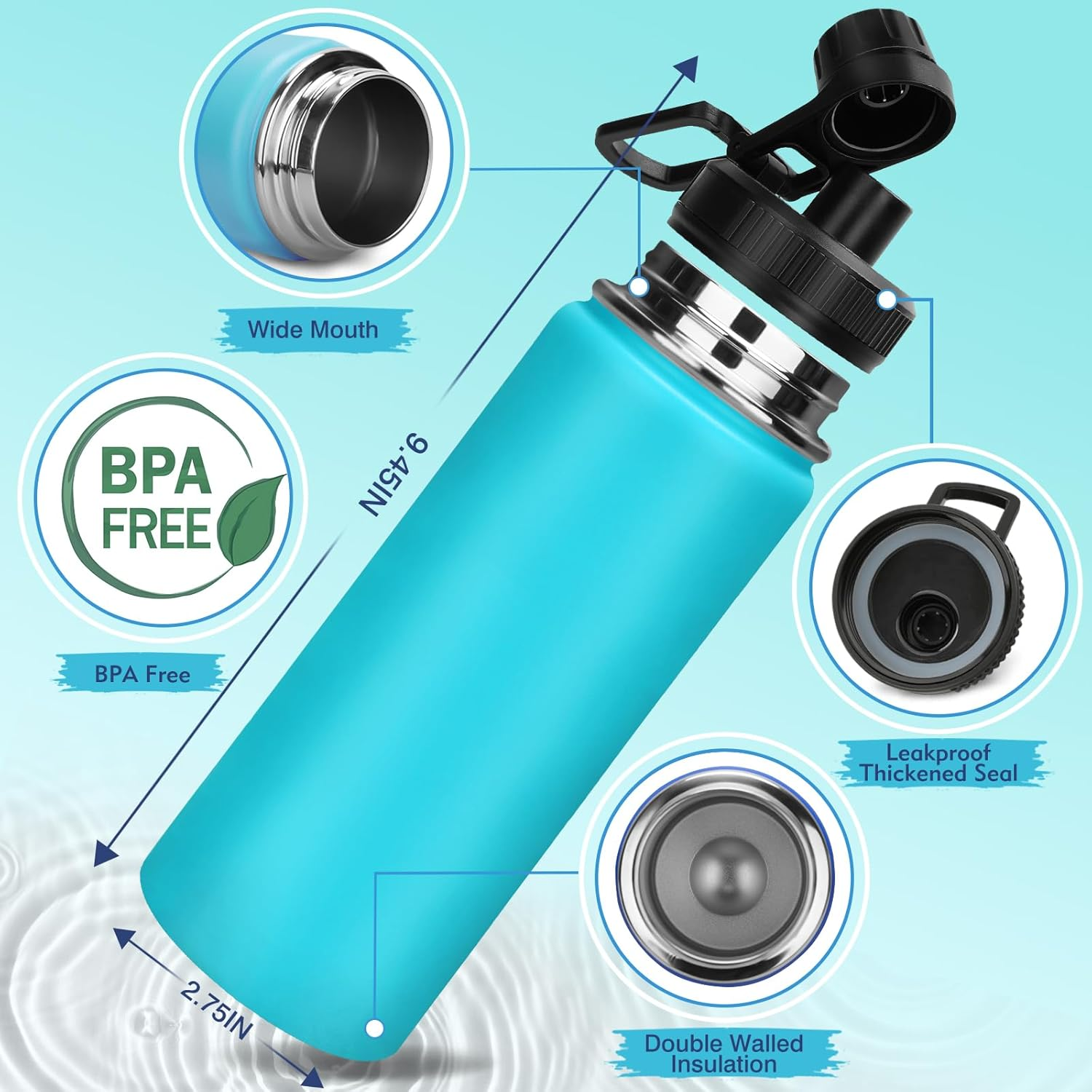 Milifox Insulated Water Bottle Stainless Steel Water Bottle with Double Wall Vacuum Wide Mouth Leakproof BPA Free Keeps Cold and Hot 500ML