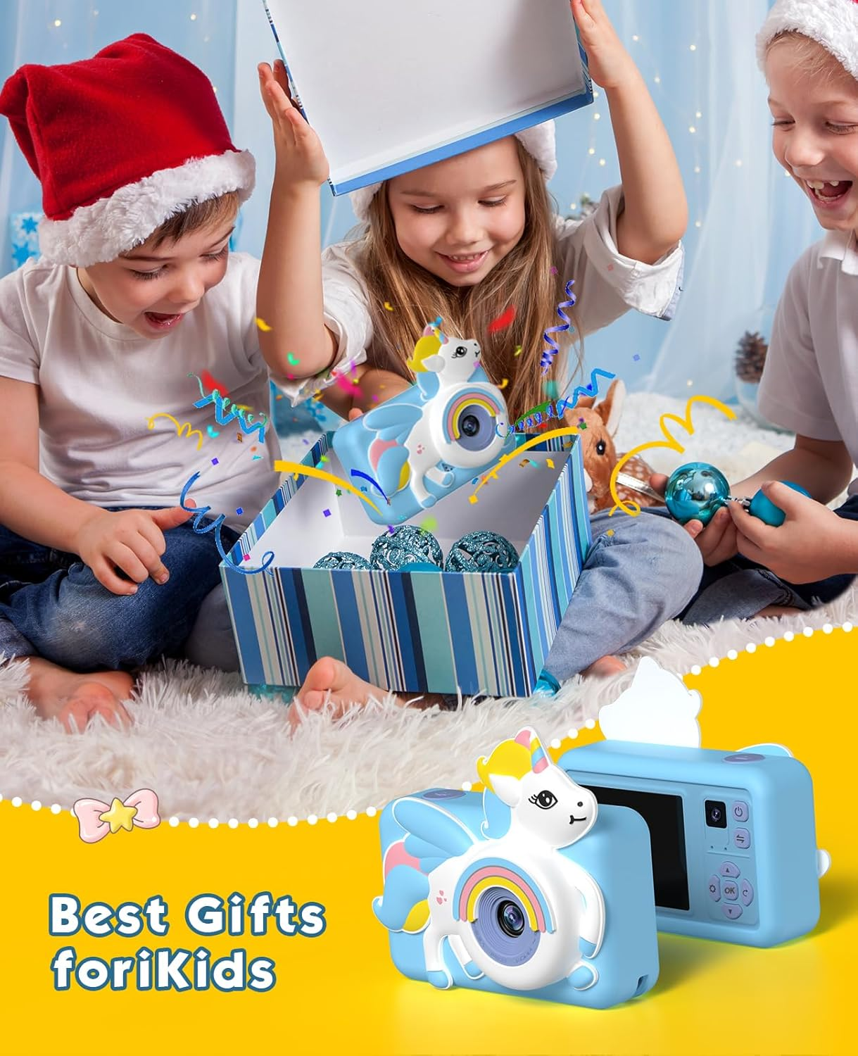 Kids Digital Camera with Tripod, 1080P HD /2 Inch Screen/ 32G Card/Music Video Camera with Unicorn Silicone Cover, Children Selfie Camera for Boys Girls Age 3-12 Years Old (Blue) image number 4