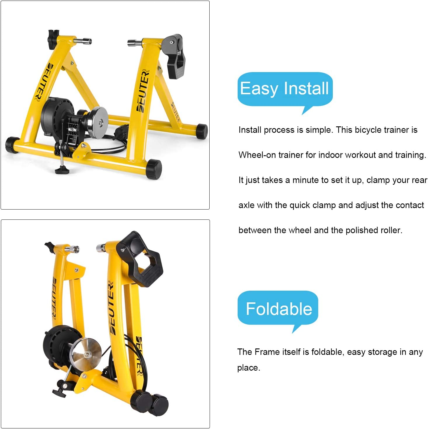 Bike Trainer, Magnetic Bicycle Stationary Stand for Indoor Exercise Riding, 26-29" & 700C Wheels, Quick Release Skewer & Front Wheel Riser Block Included