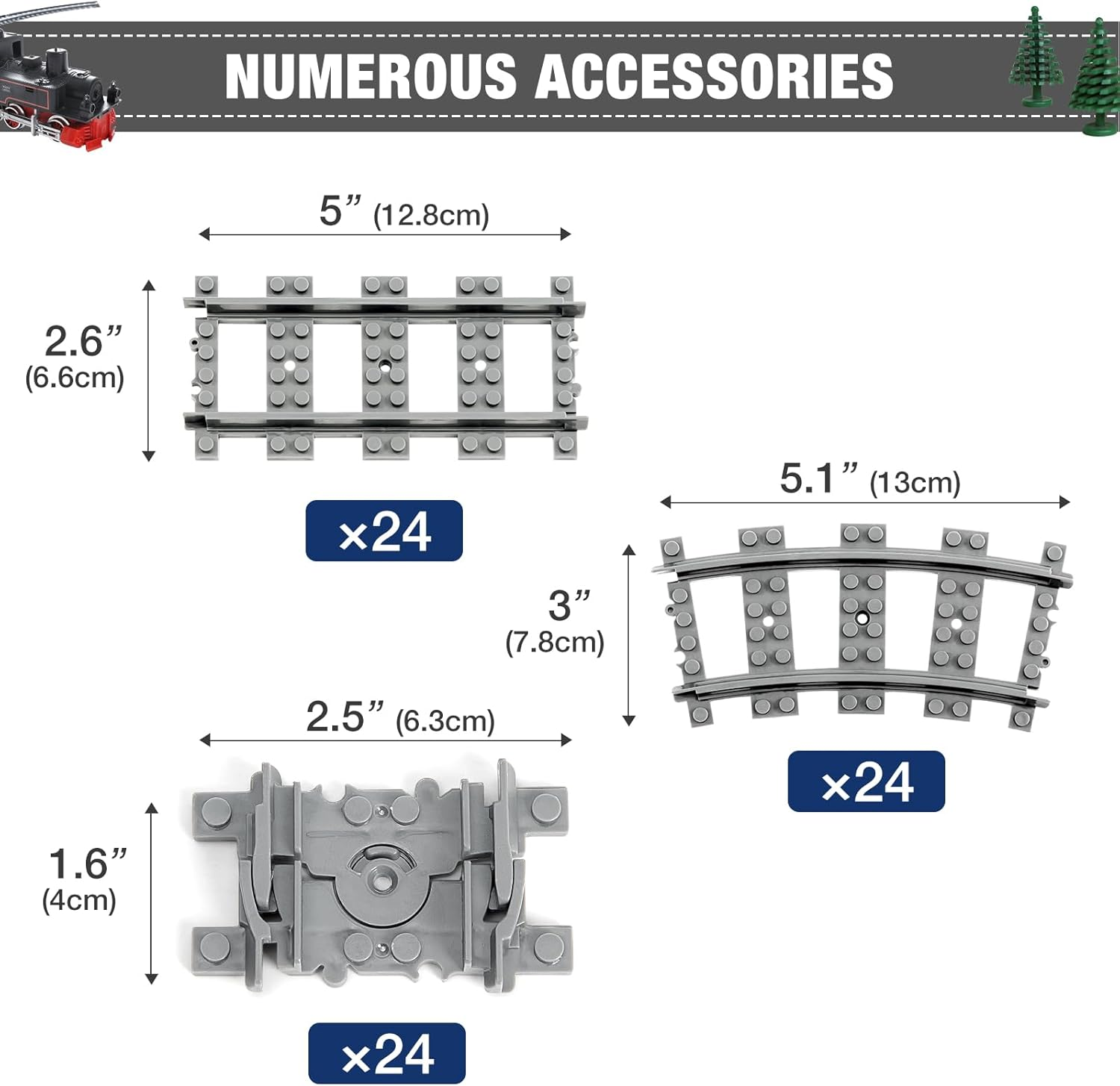 Mannidoo Classic City Train Tracks, 72 Pieces Railroad Tracks with 24 Flexible Tracks, 24 Curved Tracks and 24 Straight Tracks, Train Expansion Accessories Compatible with All Major Brands Track image number 3