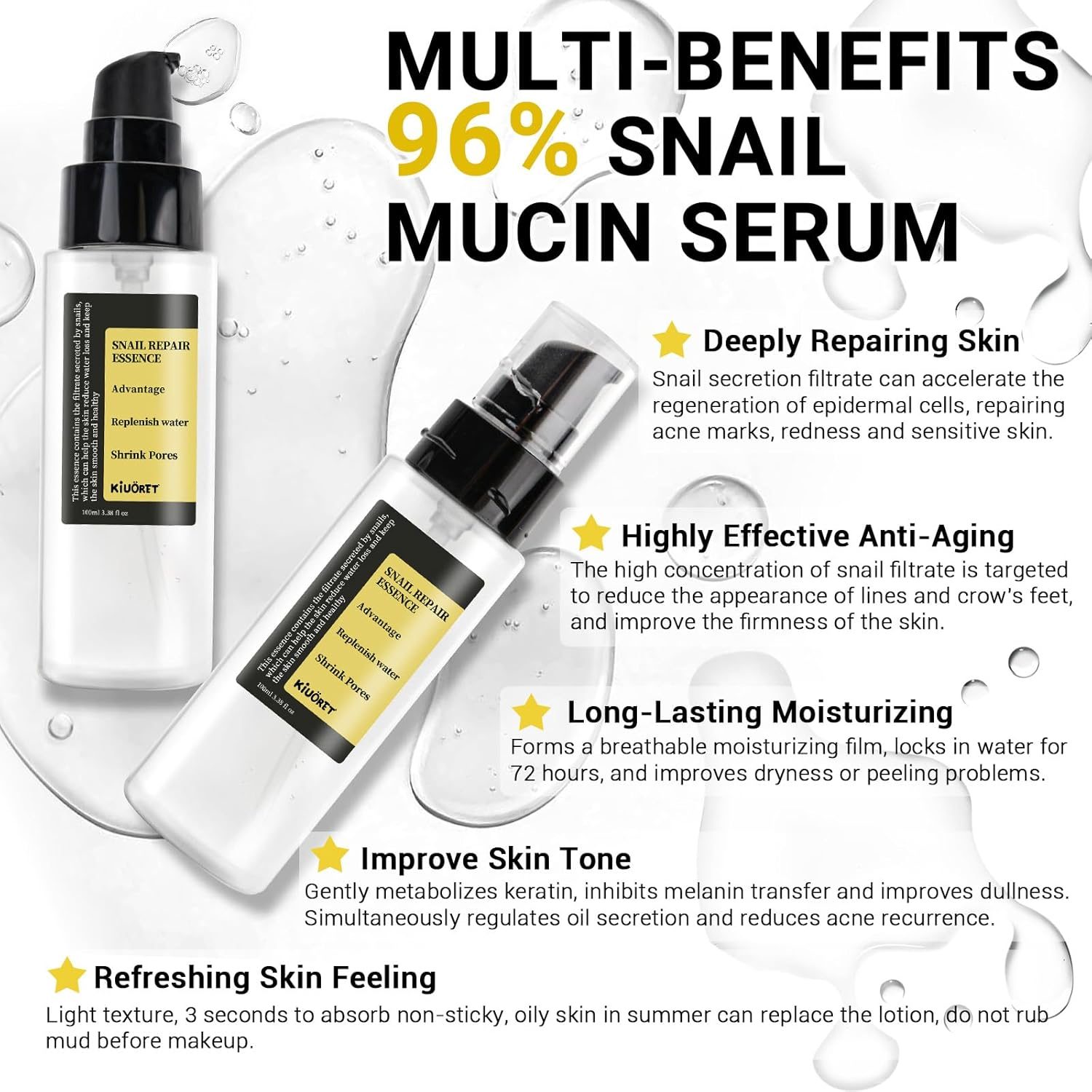 Snail Mucin 96% Skincare Set - Anti-Aging Serums & Snail Mucin 92% Cream - Advanced Snail 96% Mucin Power Essence Hydrates, Reduces Wrinkles & Fine Lines - 3PCS Korean Skincare Set for All Skins image number 4