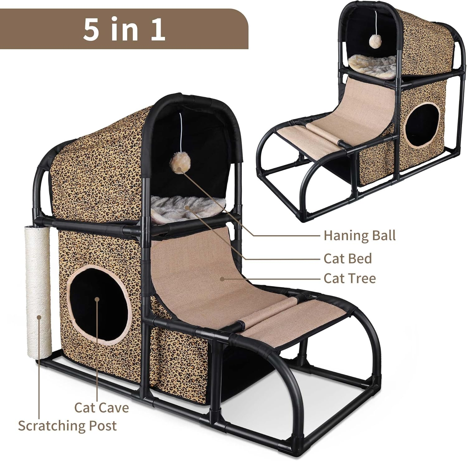 Goetland PVC Modern Cat Condo House Tree Medium Tower Bed Scratching Post Climber with Peek Hole and Dangling Ball for Kitty Indoors Leopard image number 2