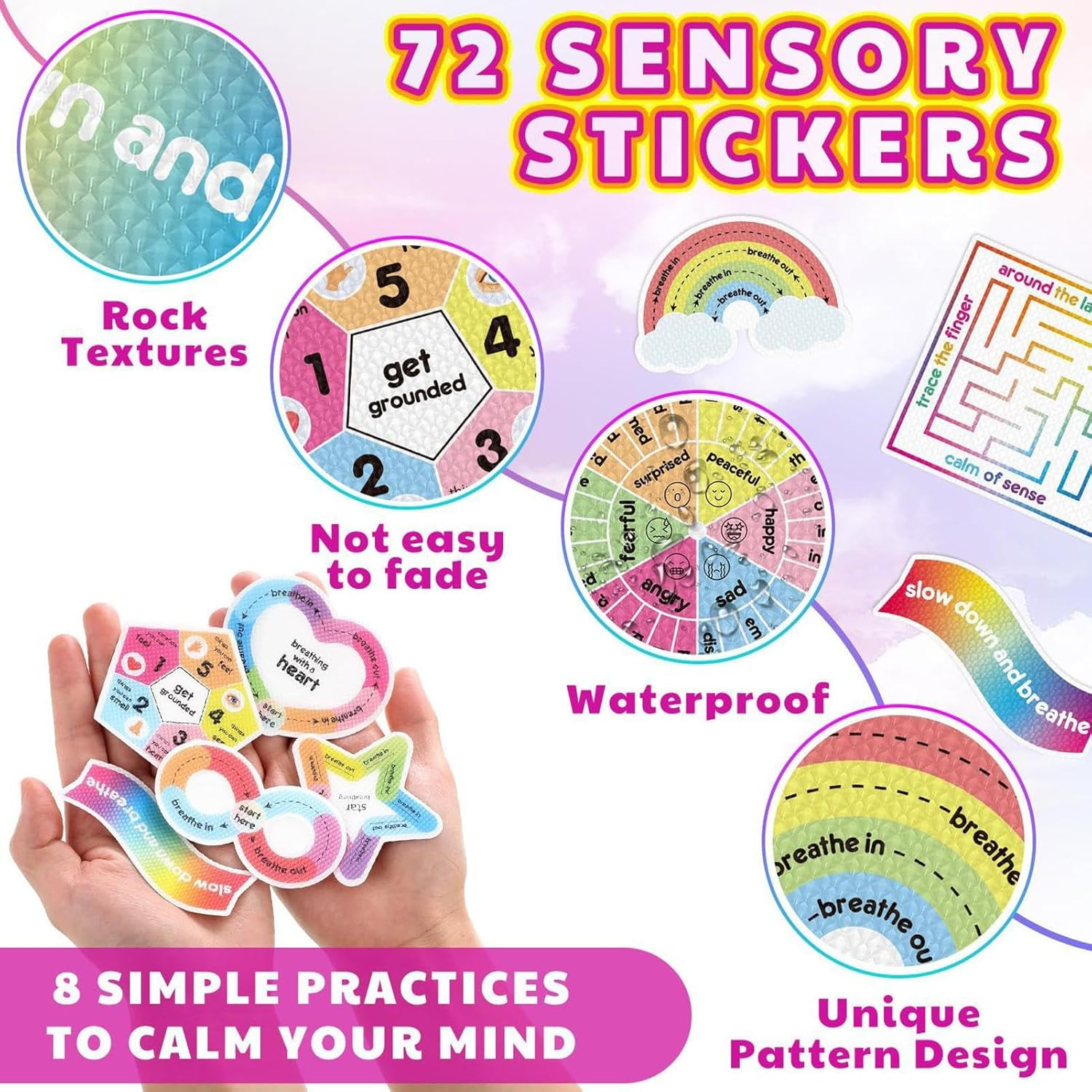 Sensory Stickers - Sensory Adhesives - Creative Rainbow Waterproof Rough Textured Calming Stickers for Phone Water Bottle Desk School Zalhin image number 5