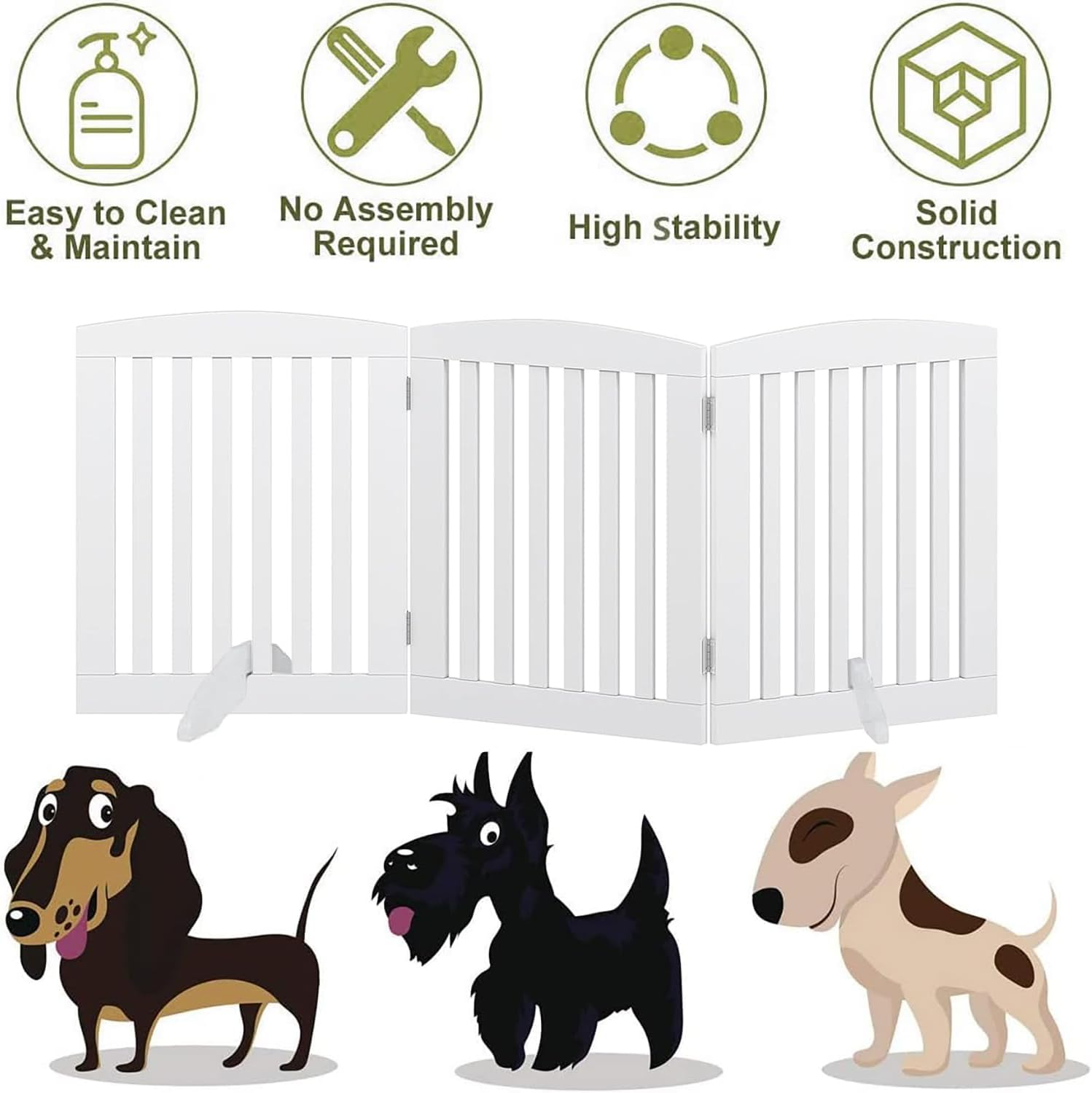 LIODUX Wooden Freestanding Pet Gate for Dogs, Foldable Wooden Dog Gates with 2PCS Support Feet, for Doorways Stairs, Indoor Pet Puppy Safety Fence, Extra Wide, 60CM High, 150 CM Wide (White,3 Panels)
