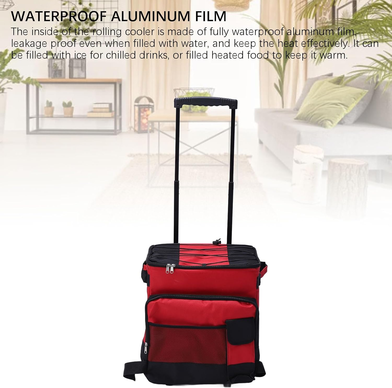 Rolling Cooler on Wheels 43L Large Capacity Waterproofing, Foldable Rolling Insulated Box All Terrain Wheels for Camping Picnic Red, Small Cooler with Wheels, Foldable Rolling Cooler Bag image number 6