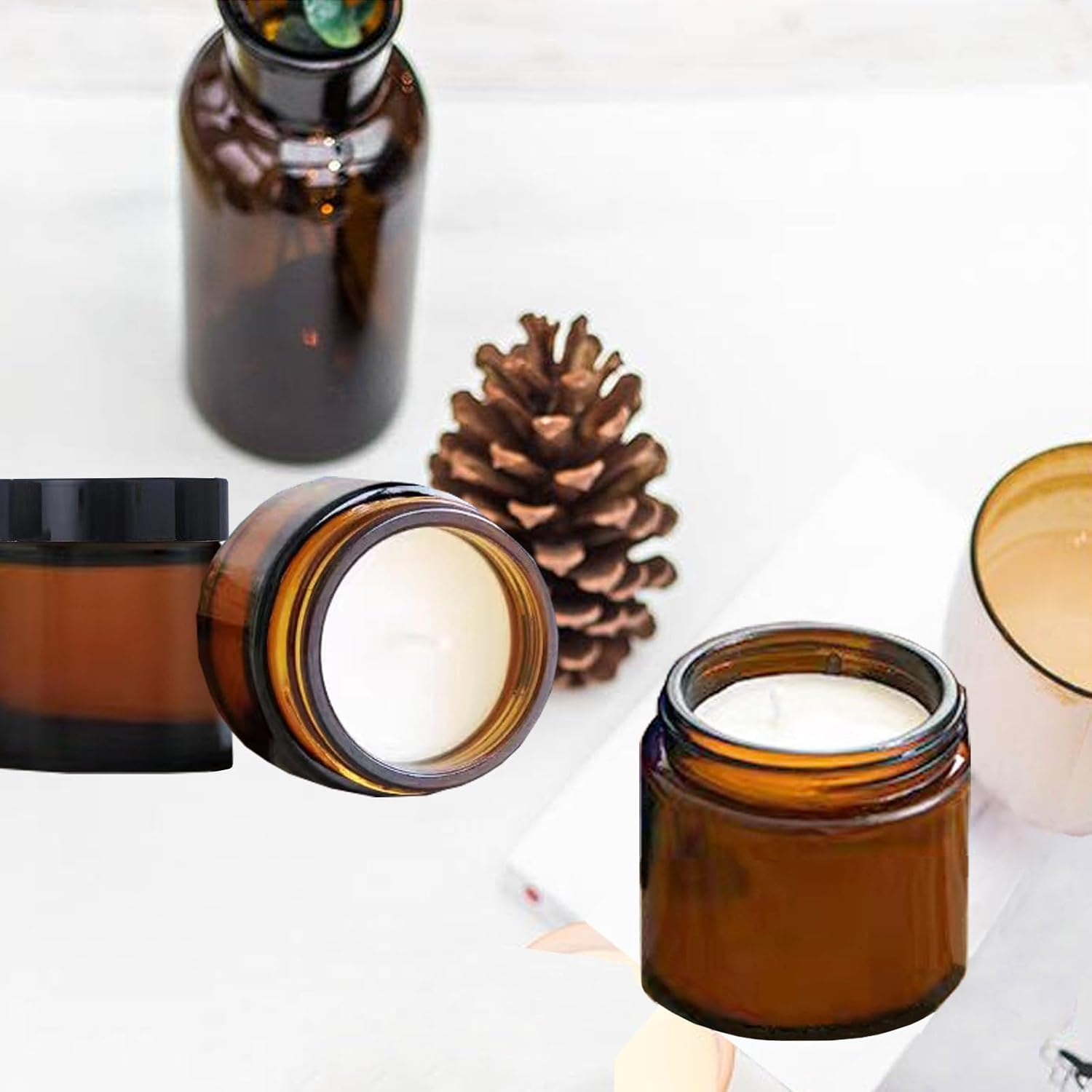 BEGIKET 4 Pack 2 Oz Amber Glass Jars with Lids，60Ml Empty round Glass Jar with Inner Liners and Black Lids,Cosmetic Containers for Storing Cream,Ointments,Lotion (Amber - Black Lid) - Clear - Black Lid image number 4