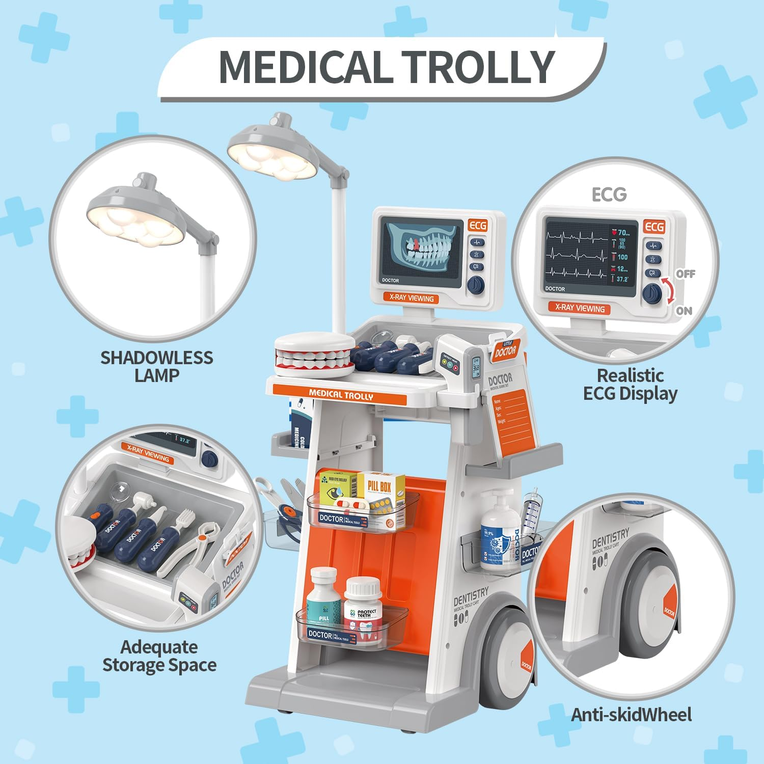 Doctor Kit for Kids 32 Accessories Pretend Medical Station Set for Boys & Girls Mobile Cart with Kids Dentist Play Set for Ages 3 and up Children Role Play Educational Toys image number 5