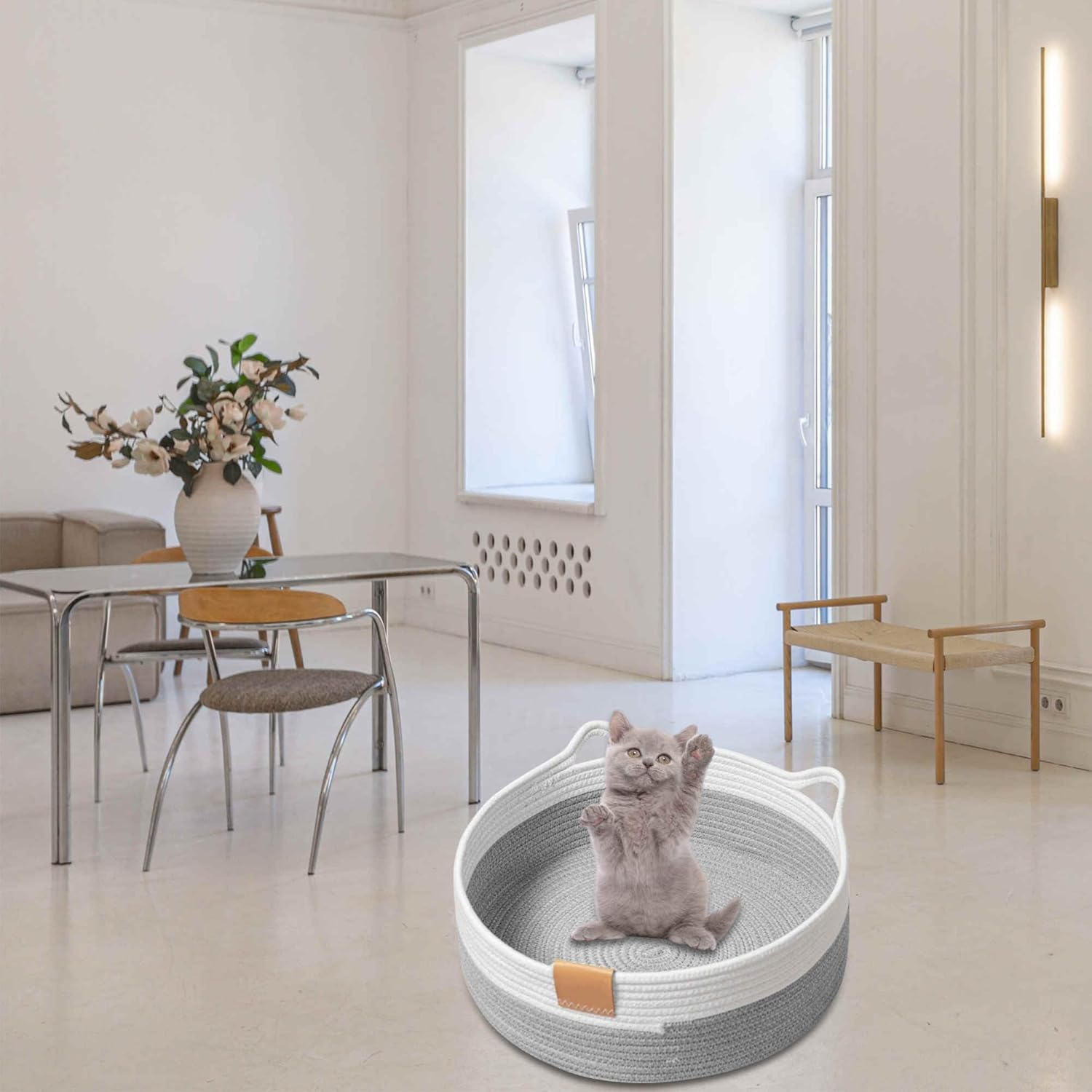 CAPASTEC Woven Cat Bed, 40 Cm Diameter, Foldable Basket Nesting Site, Breathable Pet Lounger, Claw Abrasion-Resistant Universal Kitten Bed, Light Grey image number 1