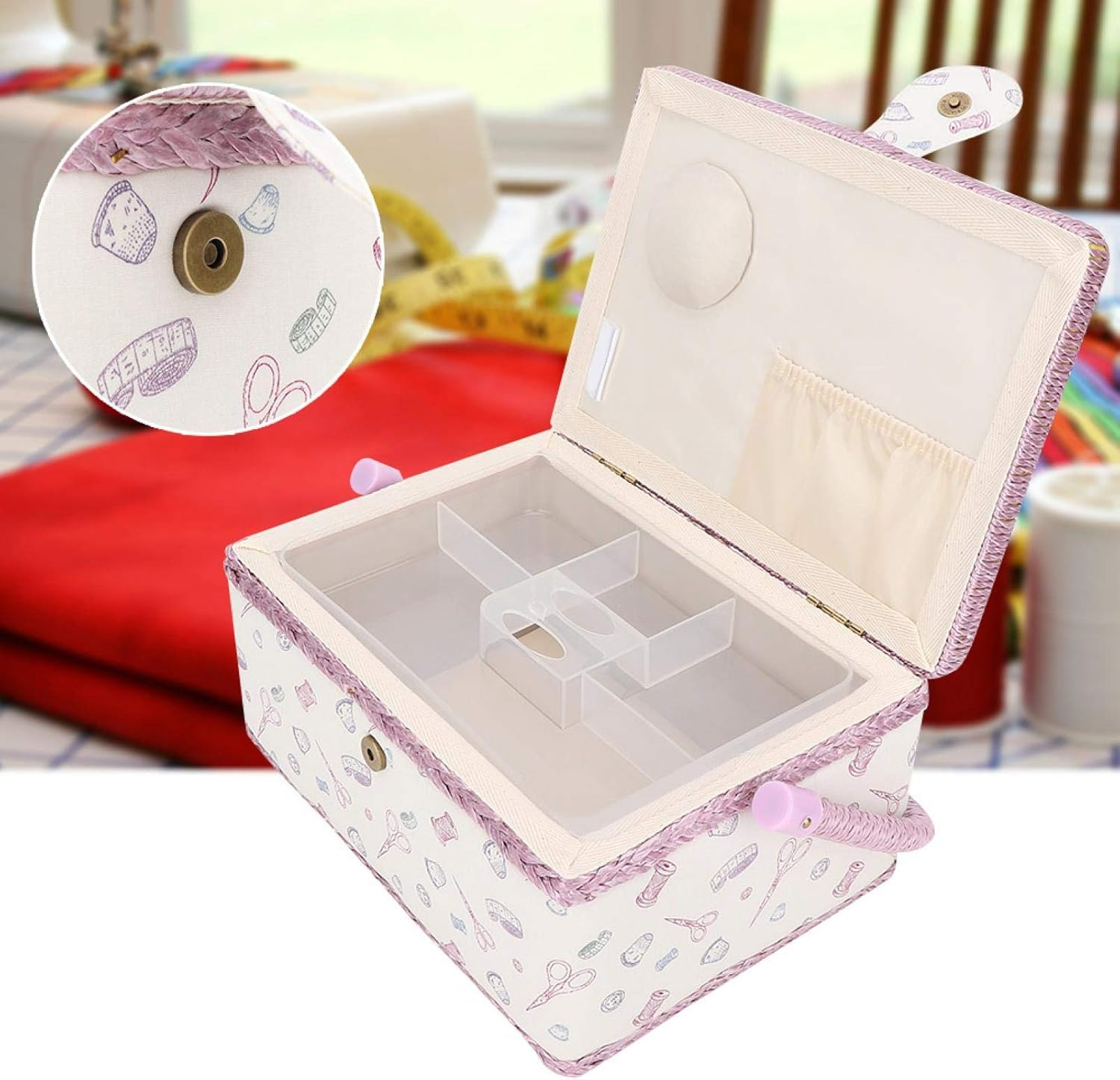 Sewing Basket, Double-Layer Pink Thread Needle Sewing Organizer Vintage Portable Household for Spindles for Needles image number 1