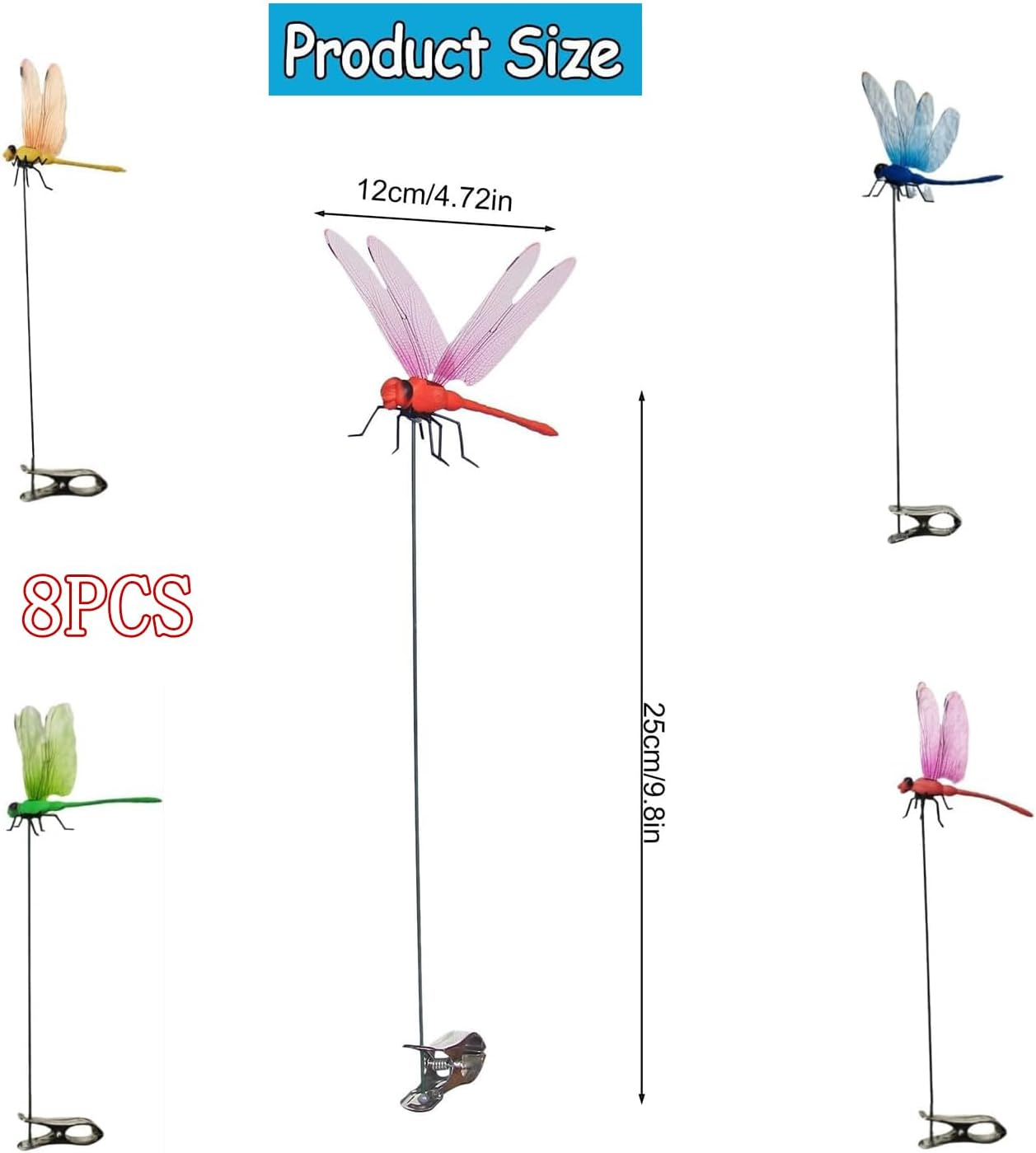 Yharnamite 8 Pcs Fake Dragonfly Clips, Fake Dragonfly Rod Clip Artificial Dragonfly Clips for Outdoors, Outdoor Simulation Dragonfly Clip for Patio Garden Decoration image number 3