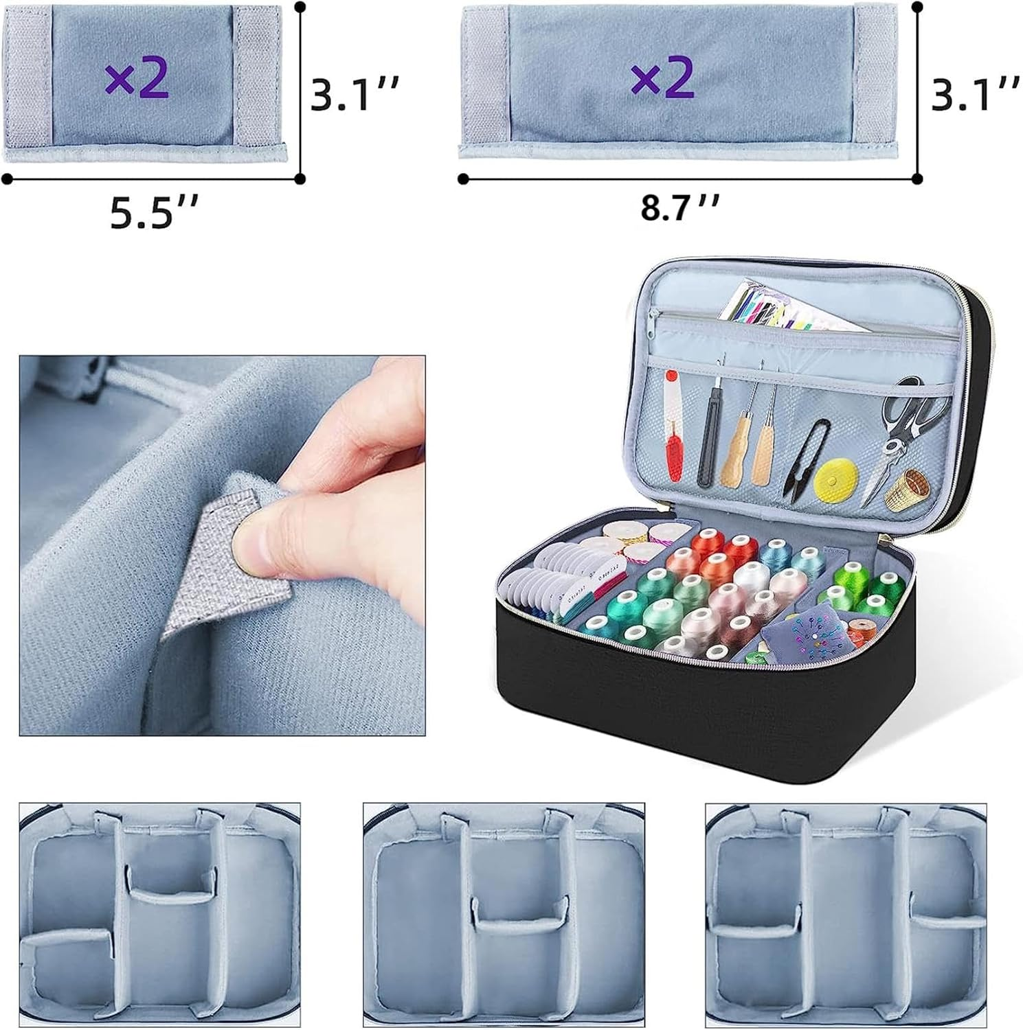 Meichoon Sewing Supplies Storage Bag Designed with a Double-Layer Structure with Multiple Pockets and Compartments inside DIY & Well Organized Waterproof Protective Convenient Black image number 1
