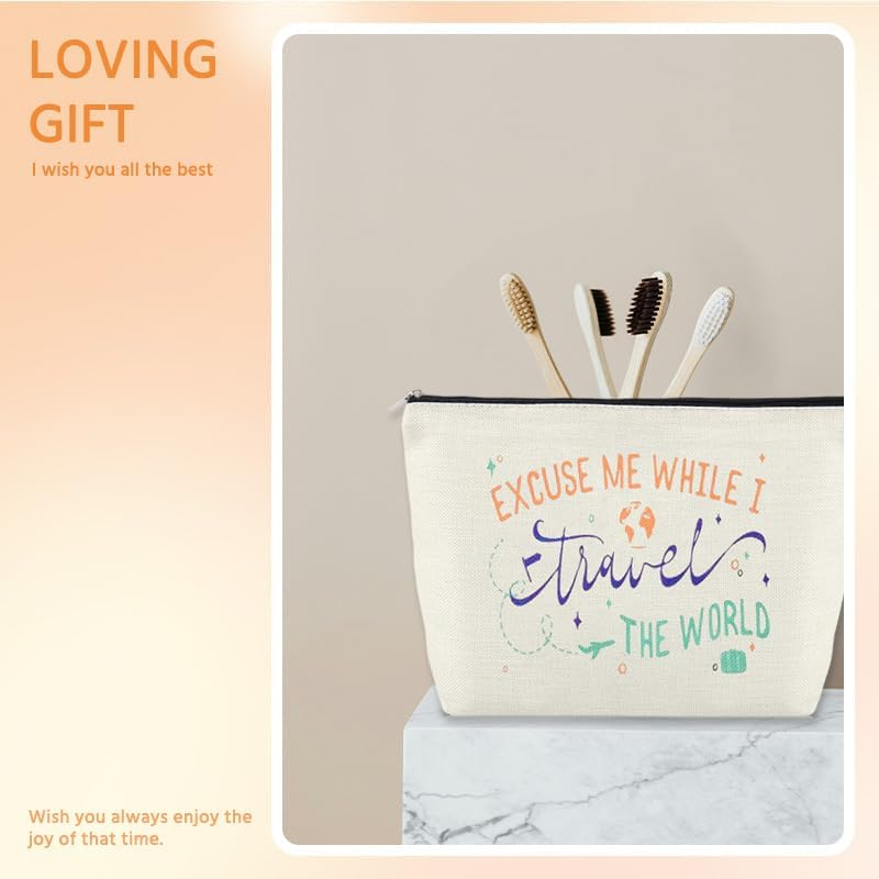 World Travel Gifts for Women Makeup Bags Birthday Christmas Xmas Gifts for Traveler Flight Attendants Friends Mom Daughter Trip Gift Excuse Me While I Travel the World Makeup Organizer Cosmetic Bag image number 5