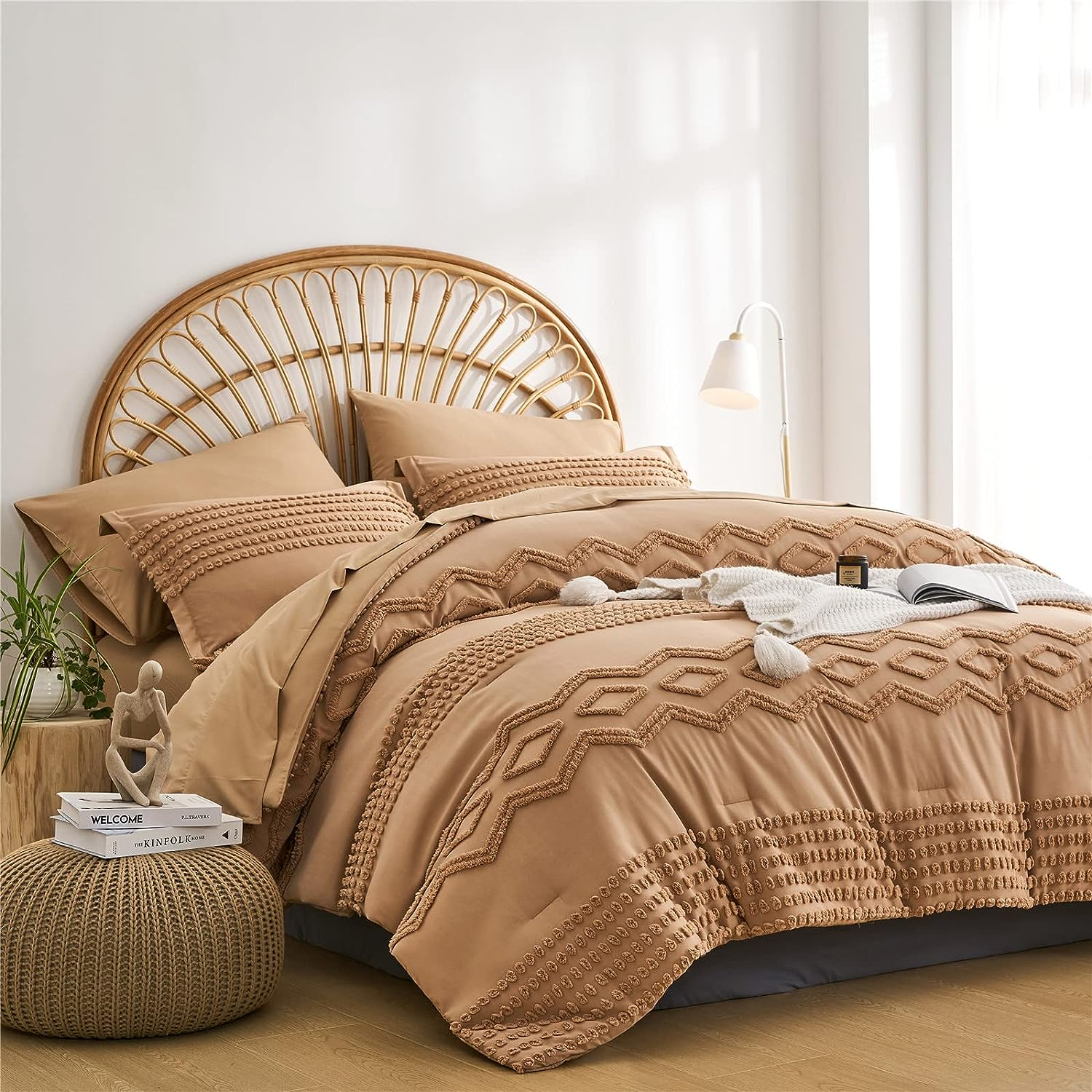 KAKIJUMN Grey Tufted Comforter Set King Size 7 Piece Bed in a Bag, Shabby Chic Boho Comforter and Sheet Set, Pom Pom Textured Bed Set, All Season Soft Microfiber Complete Bedding Set(Grey,King)