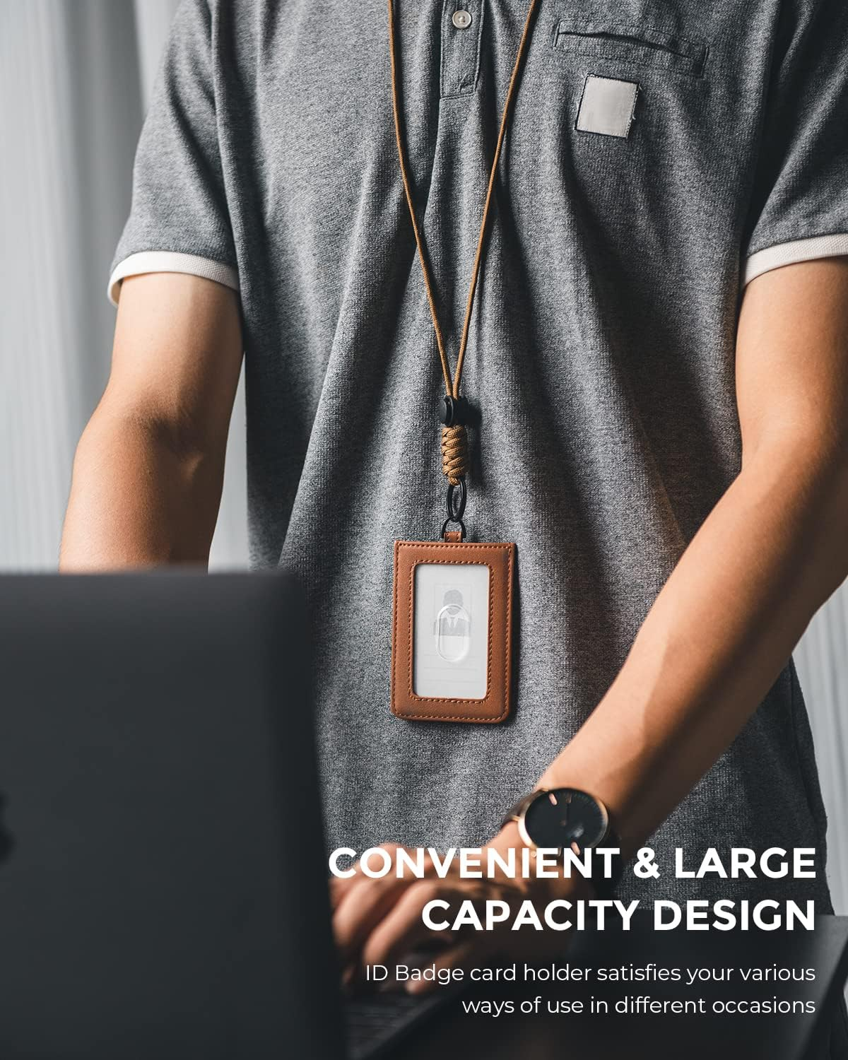 VULKIT ID Badge Holder with Lanyard for Women and Men Vertical Leather Badge Holder with Clear ID Window Card Holder Slot and Money Pocket Brown image number 5