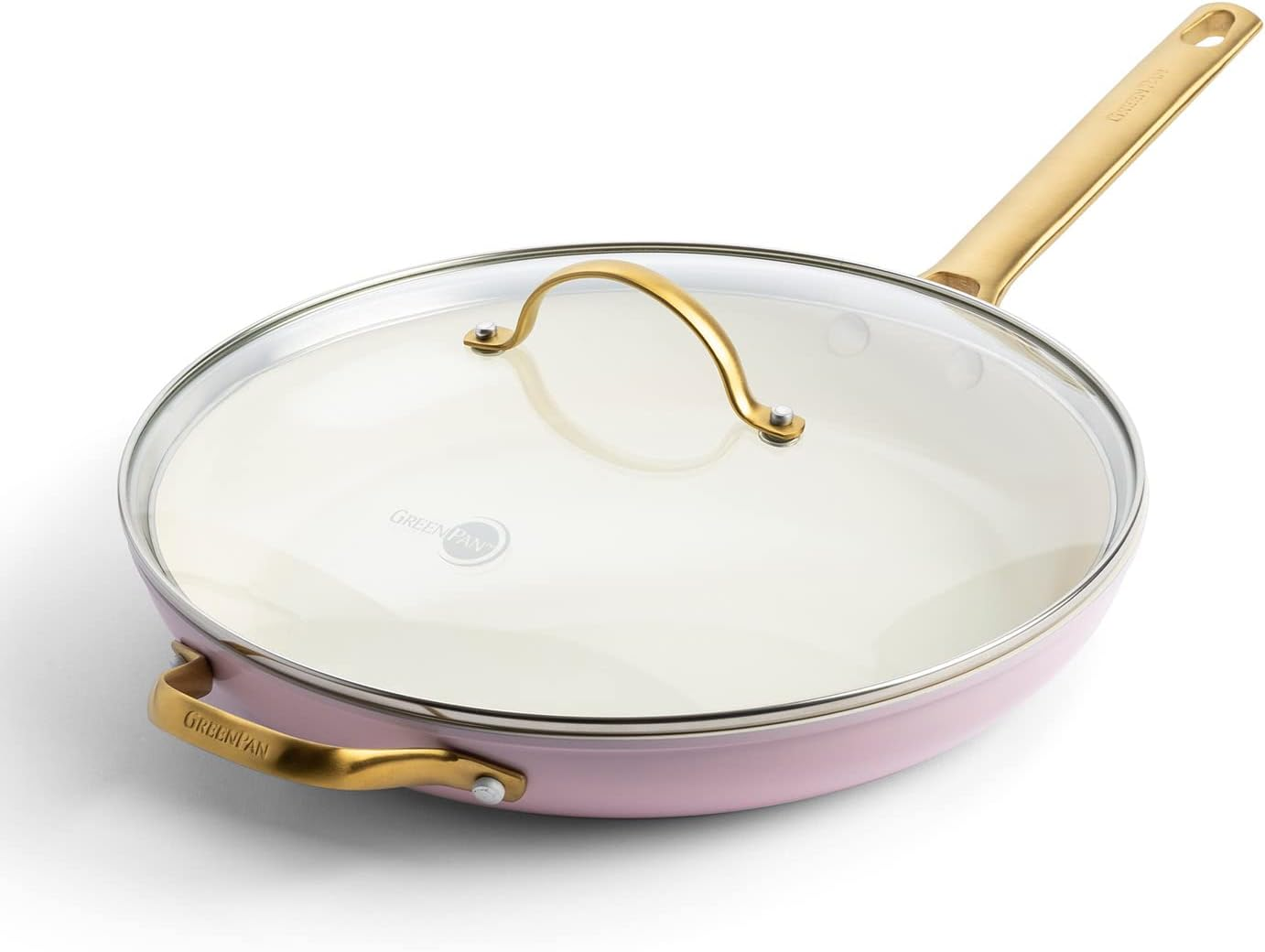 Greenpan Reserve Hard Anodized Healthy Ceramic Nonstick 30Cm Frying Pan Skillet with Helper Handle and Lid, Gold Handle, Pfas-Free, Dishwasher Safe, Oven Safe, Blush Pink