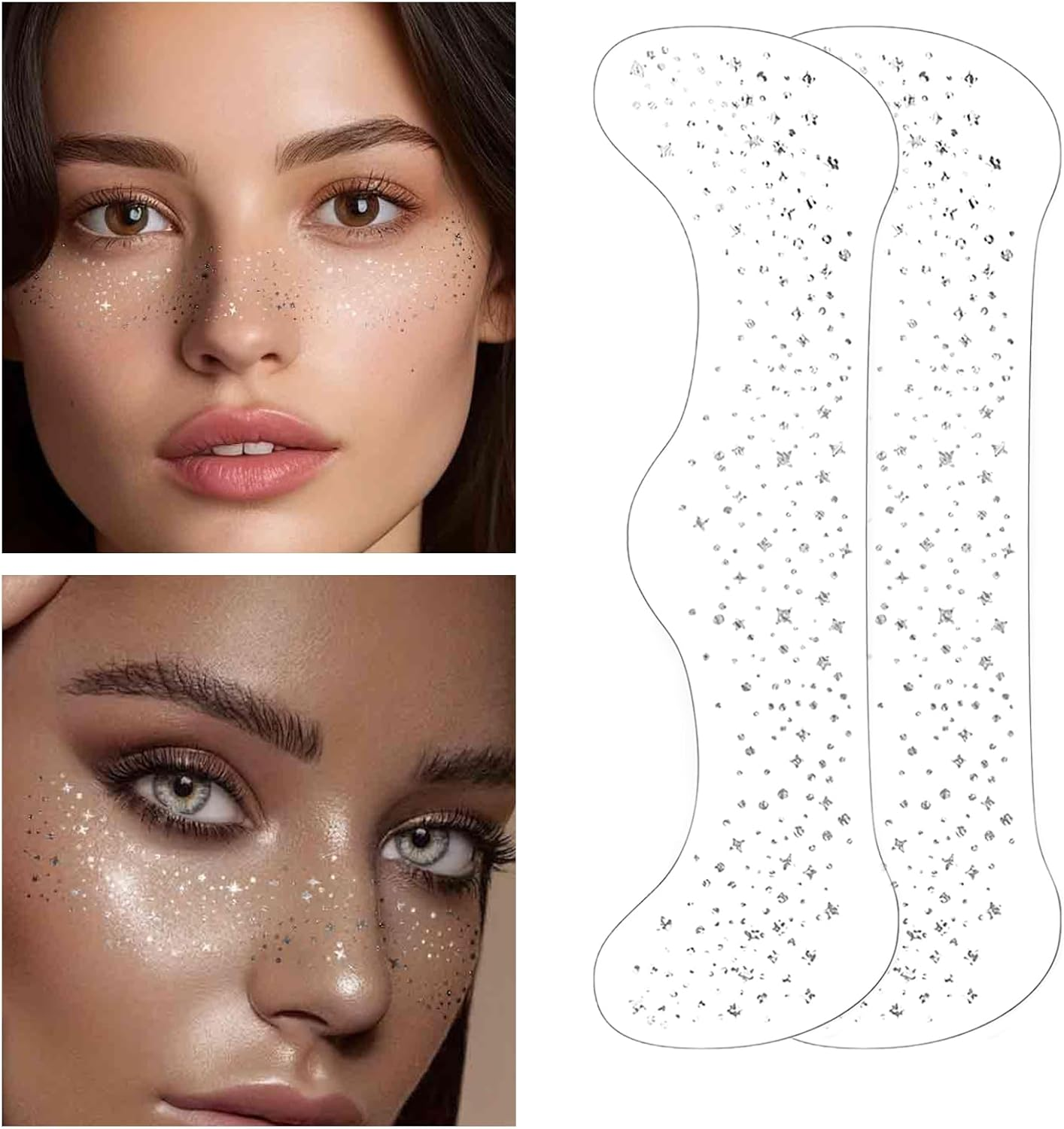 Treayes 6 Pcs Glitter Freckles Face Gems & Temporary Tattoos - Silver Star Face Jewels, Sparkle Freckles Makeup Patches image number 5