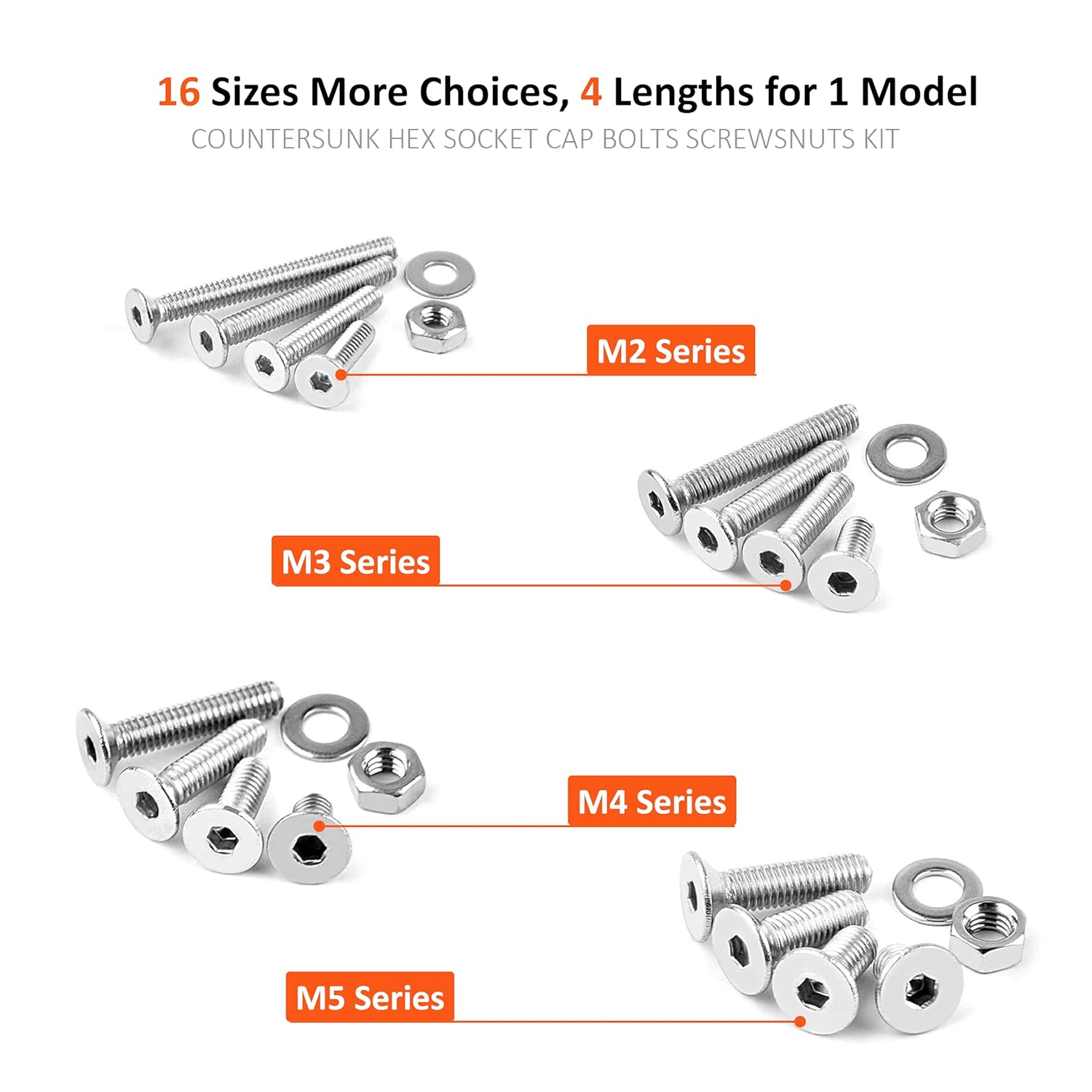 Fullfun 880PCS M2 M3 M4 M5 Hex Socket Flat Head Screw Bolts Nuts Assortment Kit, 304 Stainless Steel Metric Screws with 4PCS Allen Wrenches, Allen Socket Hex Drive Machine Screws Set image number 2