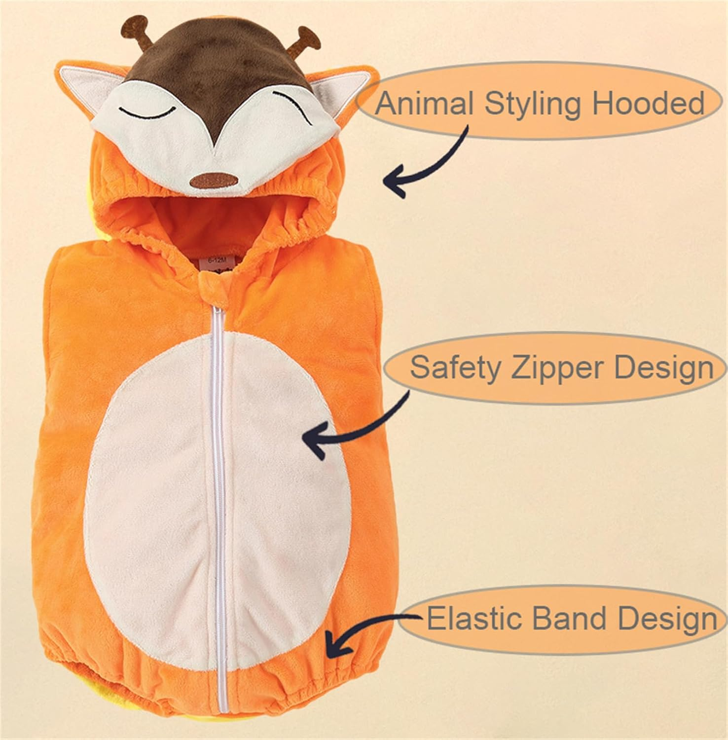 Sleeveless Unisex Baby Animals Hooded Romper for Christmas Halloween Outfits,Toddler Zip up Cosplay Costume Jumpsuit image number 5