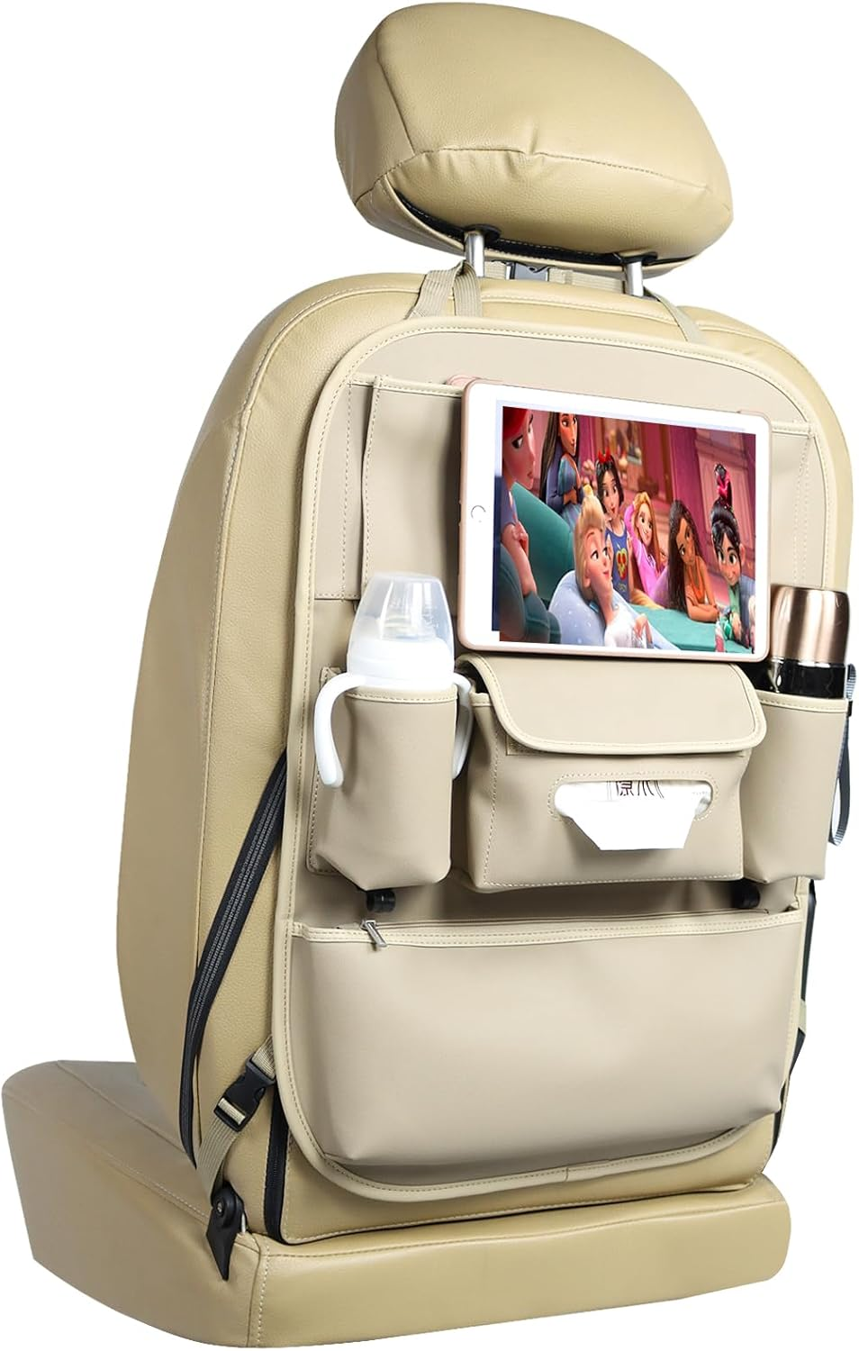 Car Seat Organizers Waterproof Backseat Protector with Storage Pocket Large Leather Kick Mats for Kids Pets Automobile SUV Truck (Beige, Large Pocket) image number 4